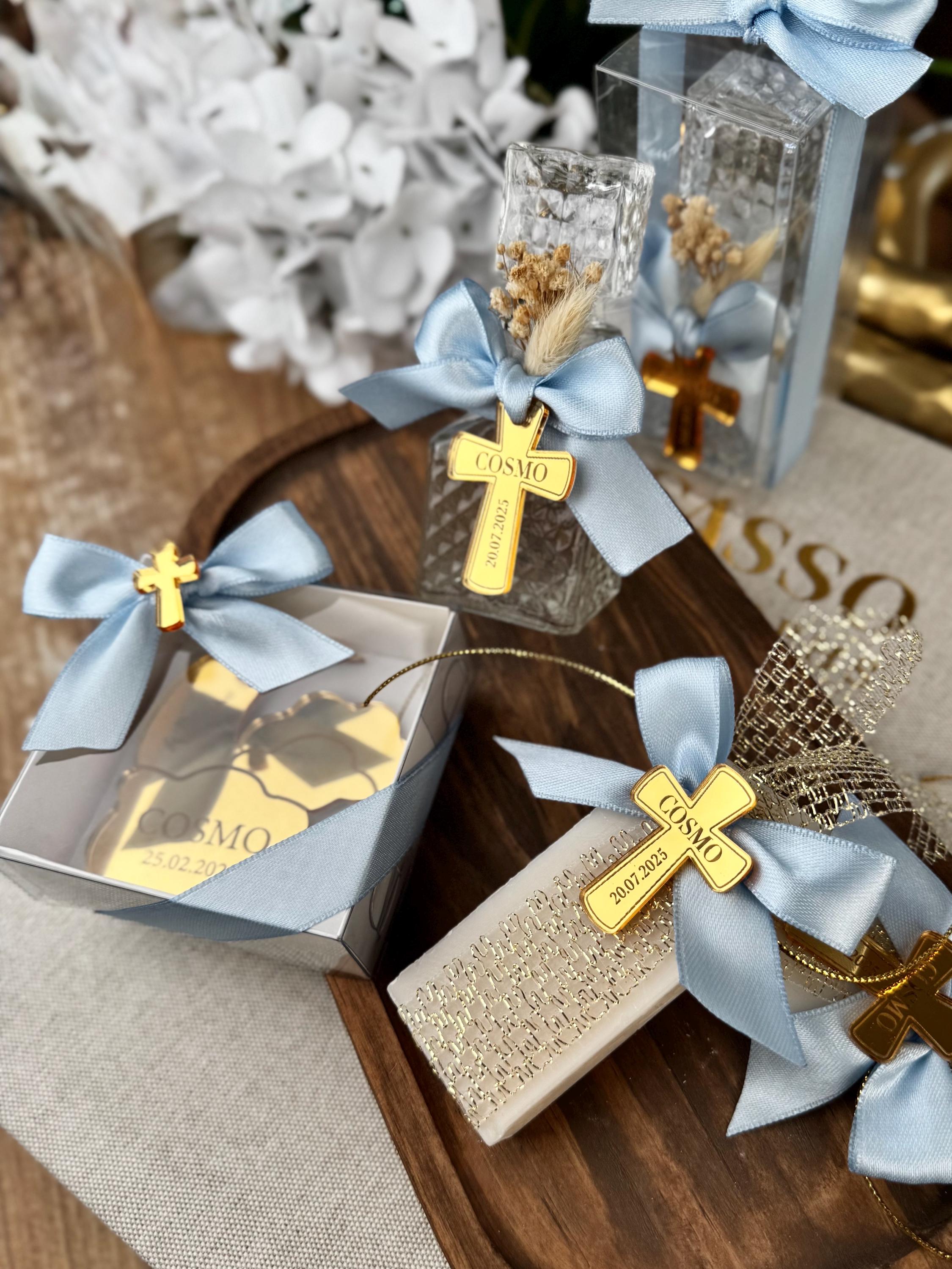 Personalized Baptism Soap Favor with Gold or Silver Cross & Ribbon - Custom Christening Gift for Boys and Girls - Elegant Religious Keepsake