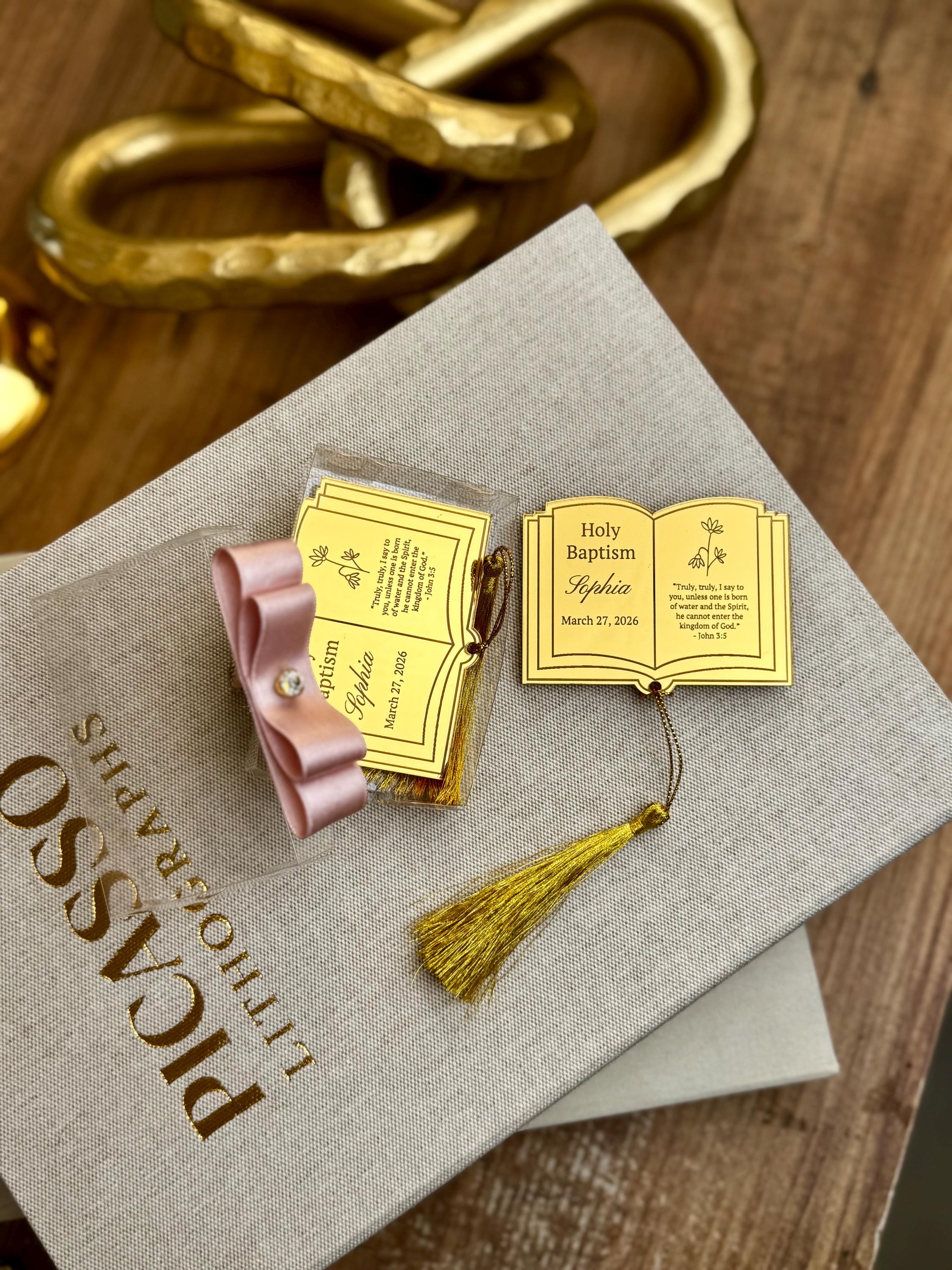 Holy Baptism Book Custom Design Mirror Acrylic Collection Religious Gift Package Premium Quality Construction Personalized Name Date Details Beautiful Tassel Accent Special Ceremony Present Godchild Gift Elegant Display Keepsake