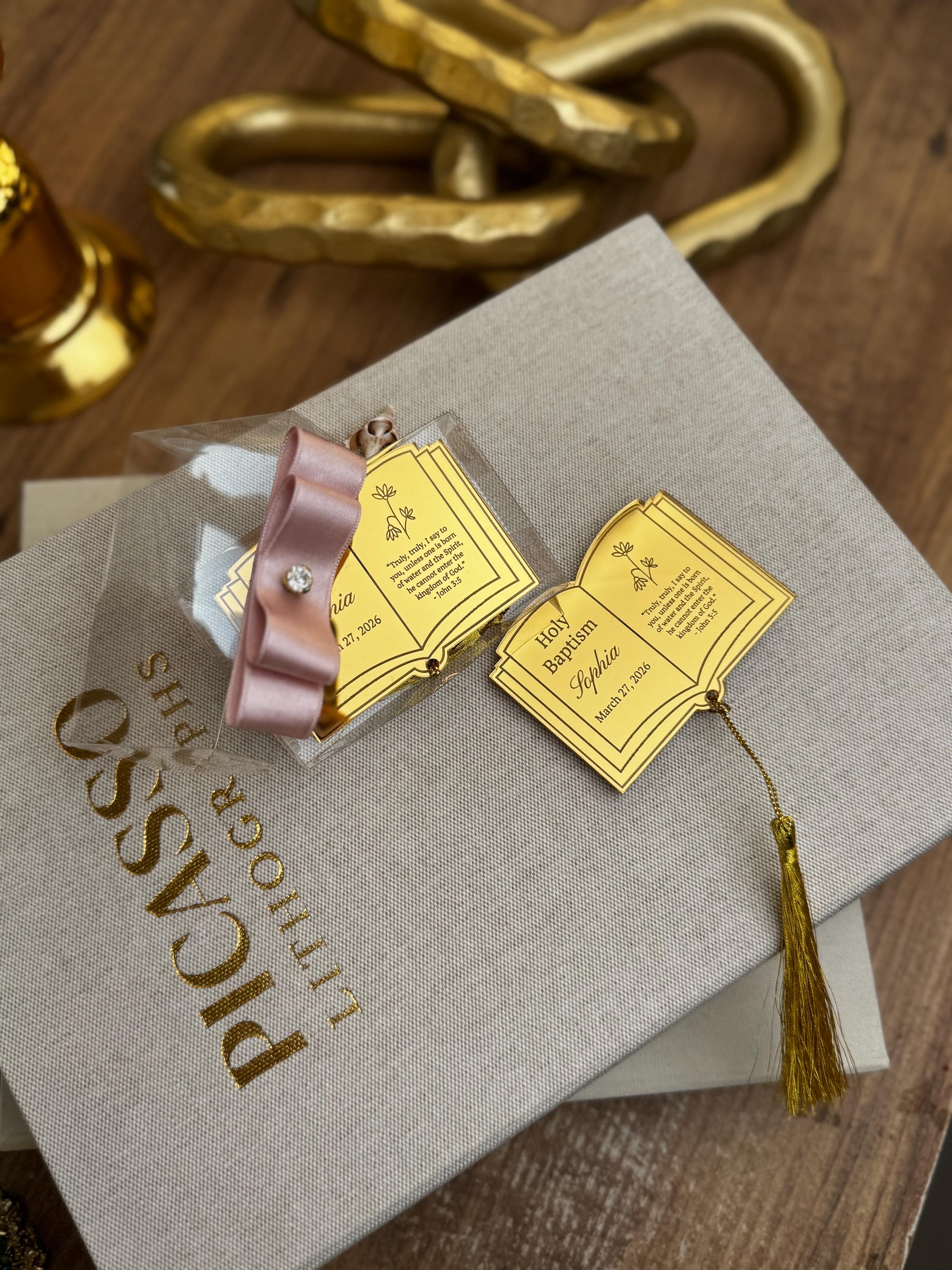 Custom Baptism Favor – Mirror Acrylic Book Keepsake with Bible Verse – Personalized Christening Gift – Gold Bookmark Tag