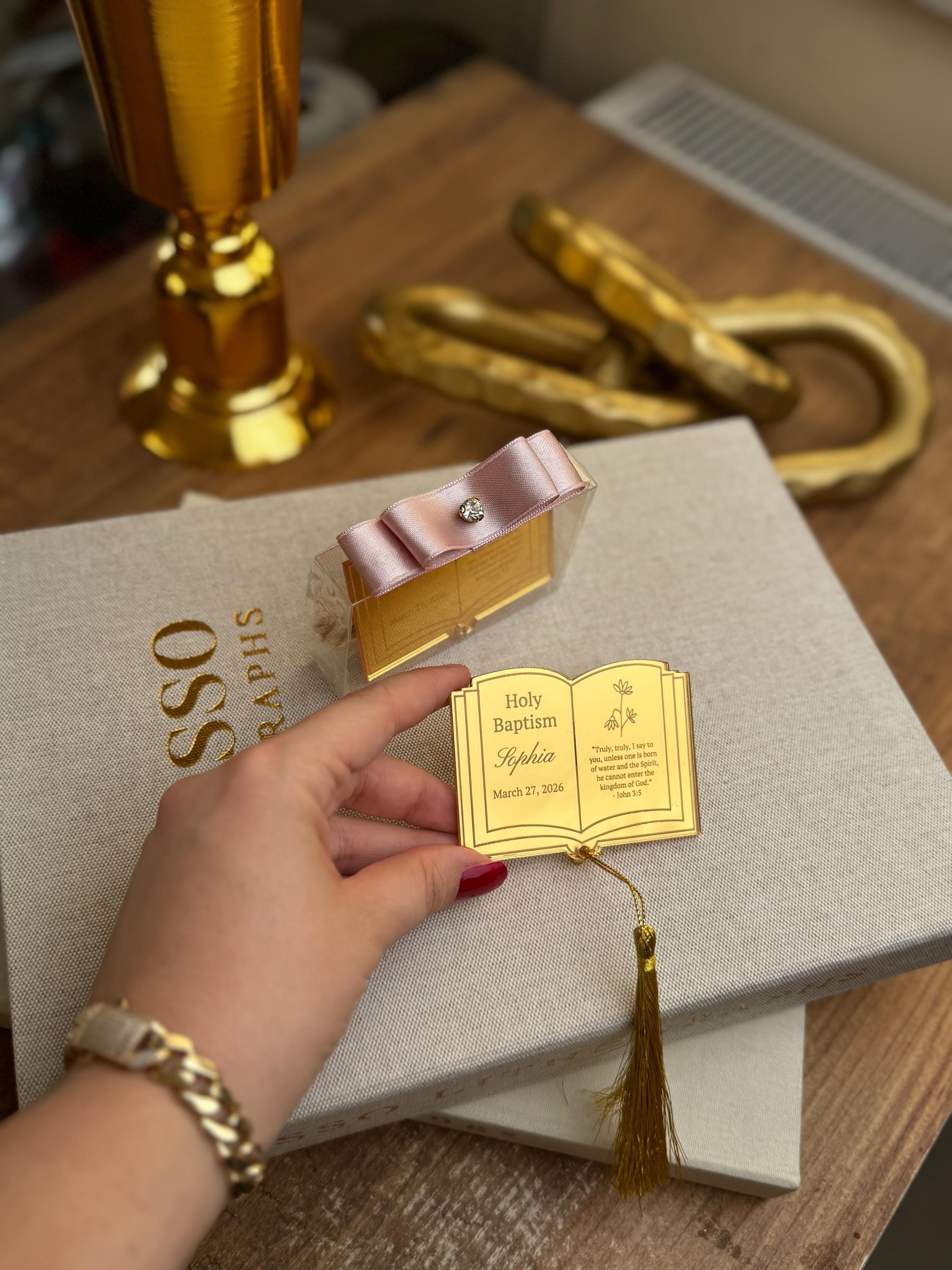 Custom Baptism Favor – Mirror Acrylic Book Keepsake with Bible Verse – Personalized Christening Gift – Gold Bookmark Tag