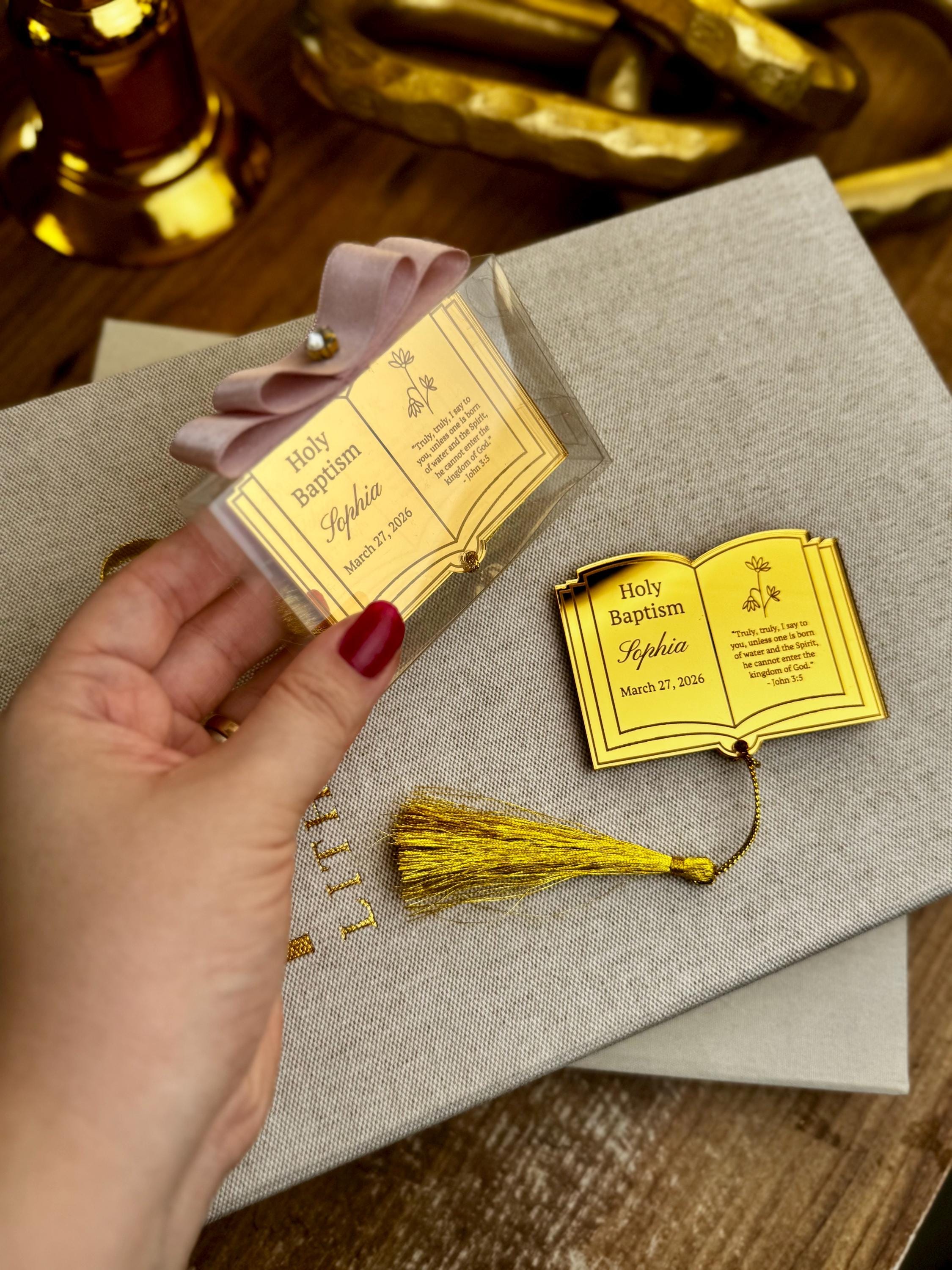 Custom Baptism Favor – Mirror Acrylic Book Keepsake with Bible Verse – Personalized Christening Gift – Gold Bookmark Tag