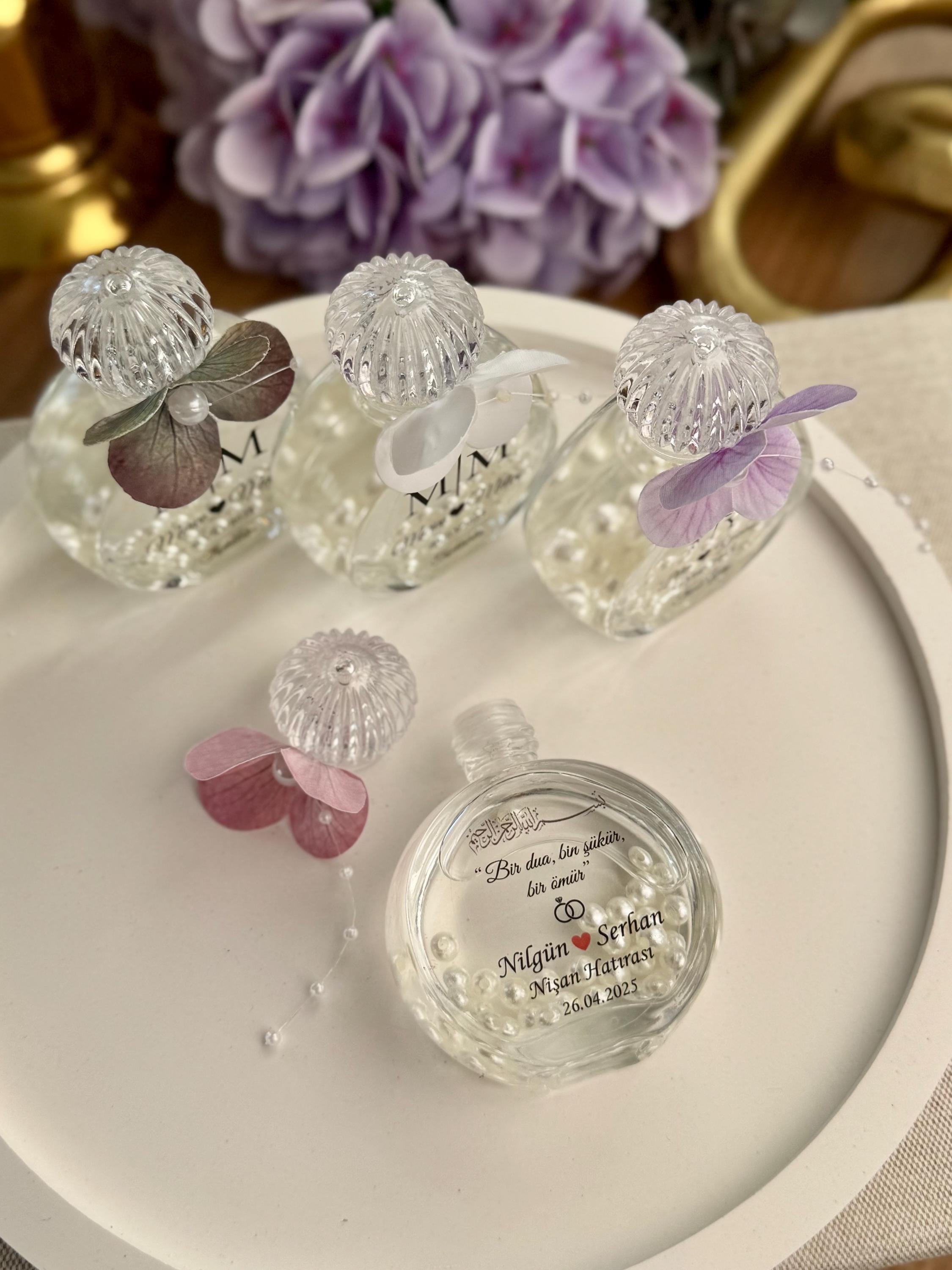 Wedding Reception Gift Custom Glass Container Personalized Monogram Design Beautiful Hydrangea Decoration Pearl Accent Elegant Party Favor Clear Display Case Special Event Memory Premium Quality Collection Custom Details Handcrafted