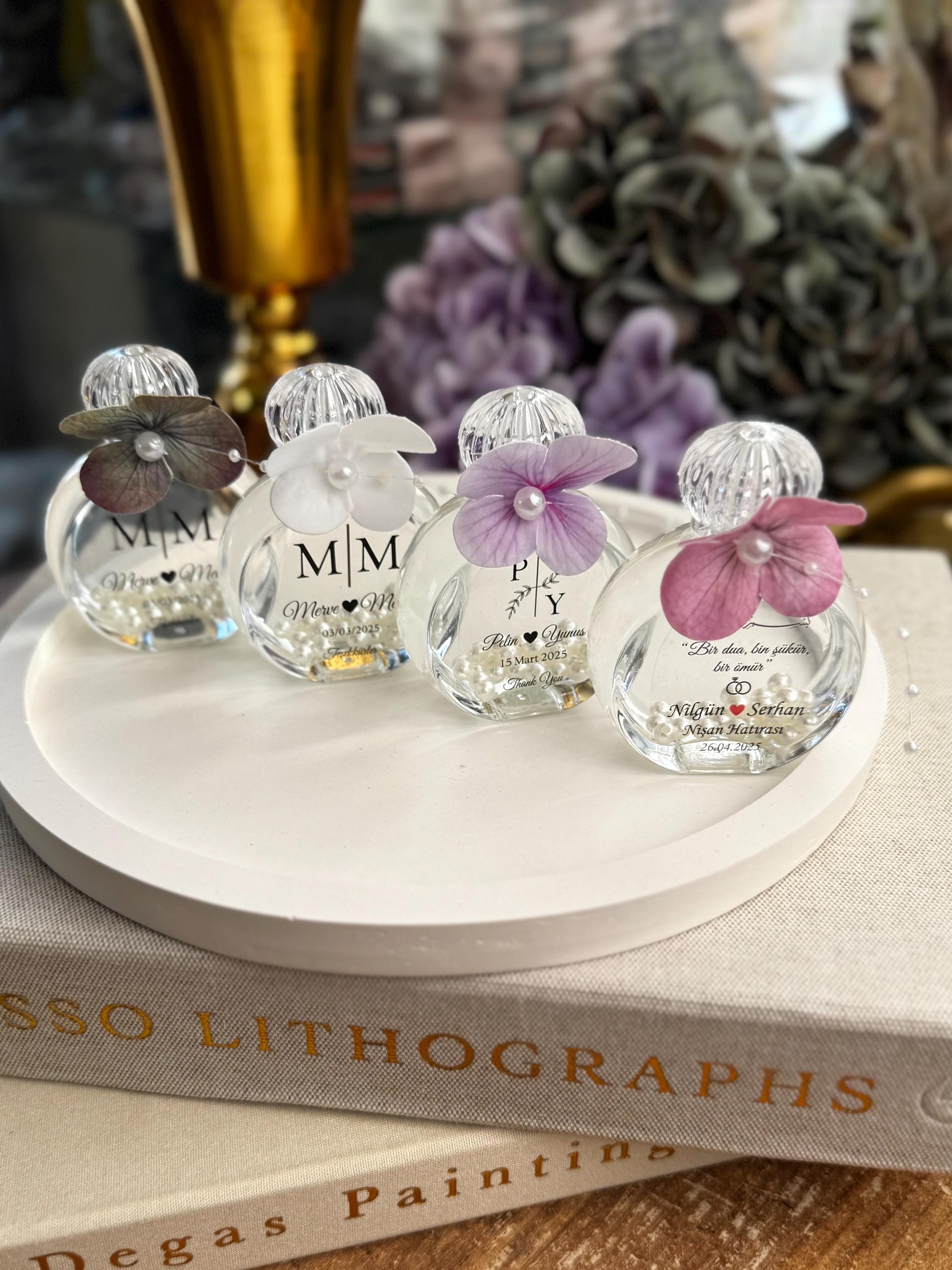 Handcrafted Wedding Favor Glass Container Custom Monogram Design Beautiful Hydrangea Decoration Pearl Center Elegant Party Gift Clear Display Case Reception Table Memory Special Event Keepsake Premium Quality Collection Custom Name Date