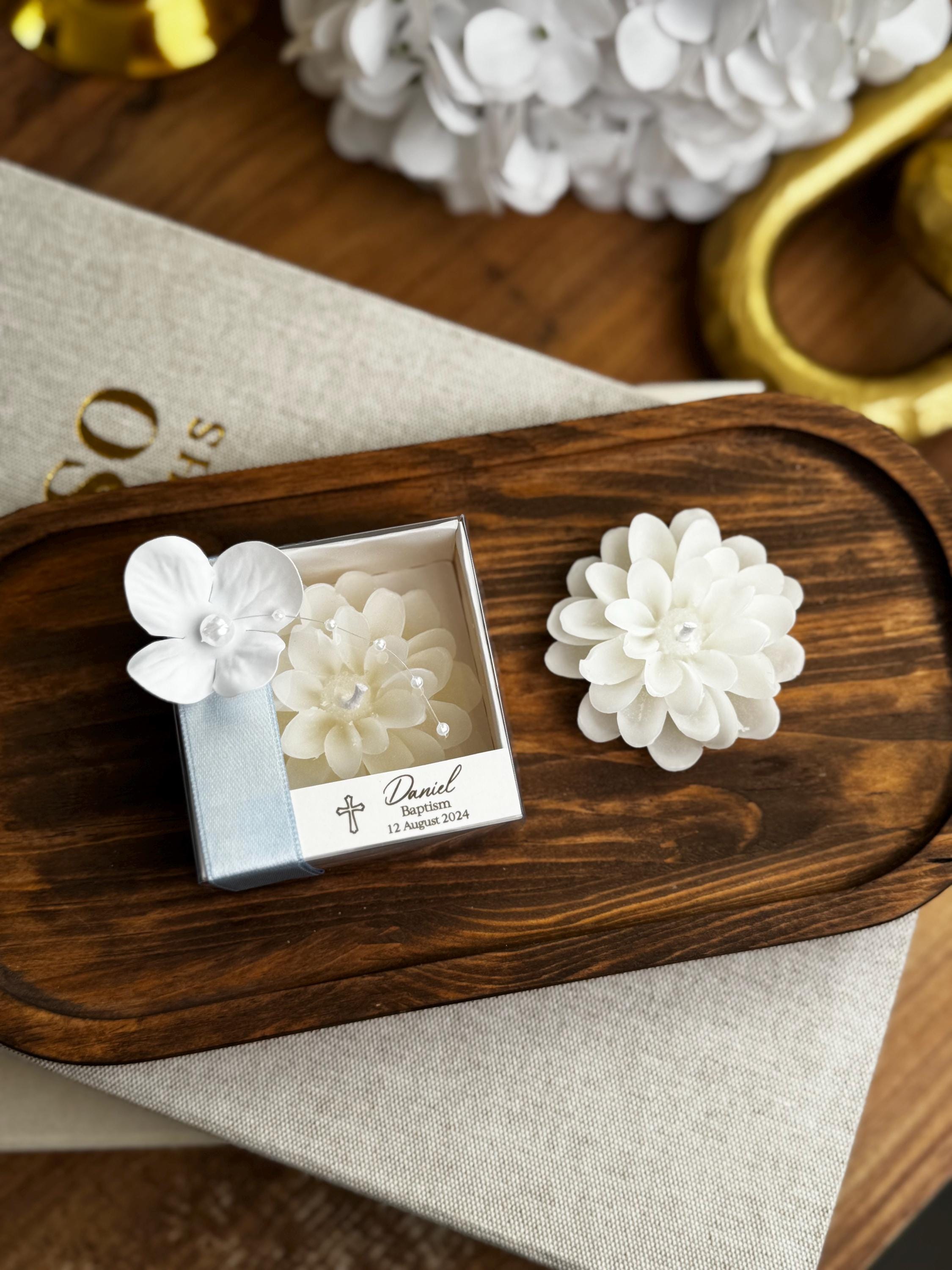 Elegant Baptism Lotus Flower Candle Favors Bulk for Guests - White Lotus Favors - Fancy Christening Favors for Boy & Girls - Communion gift