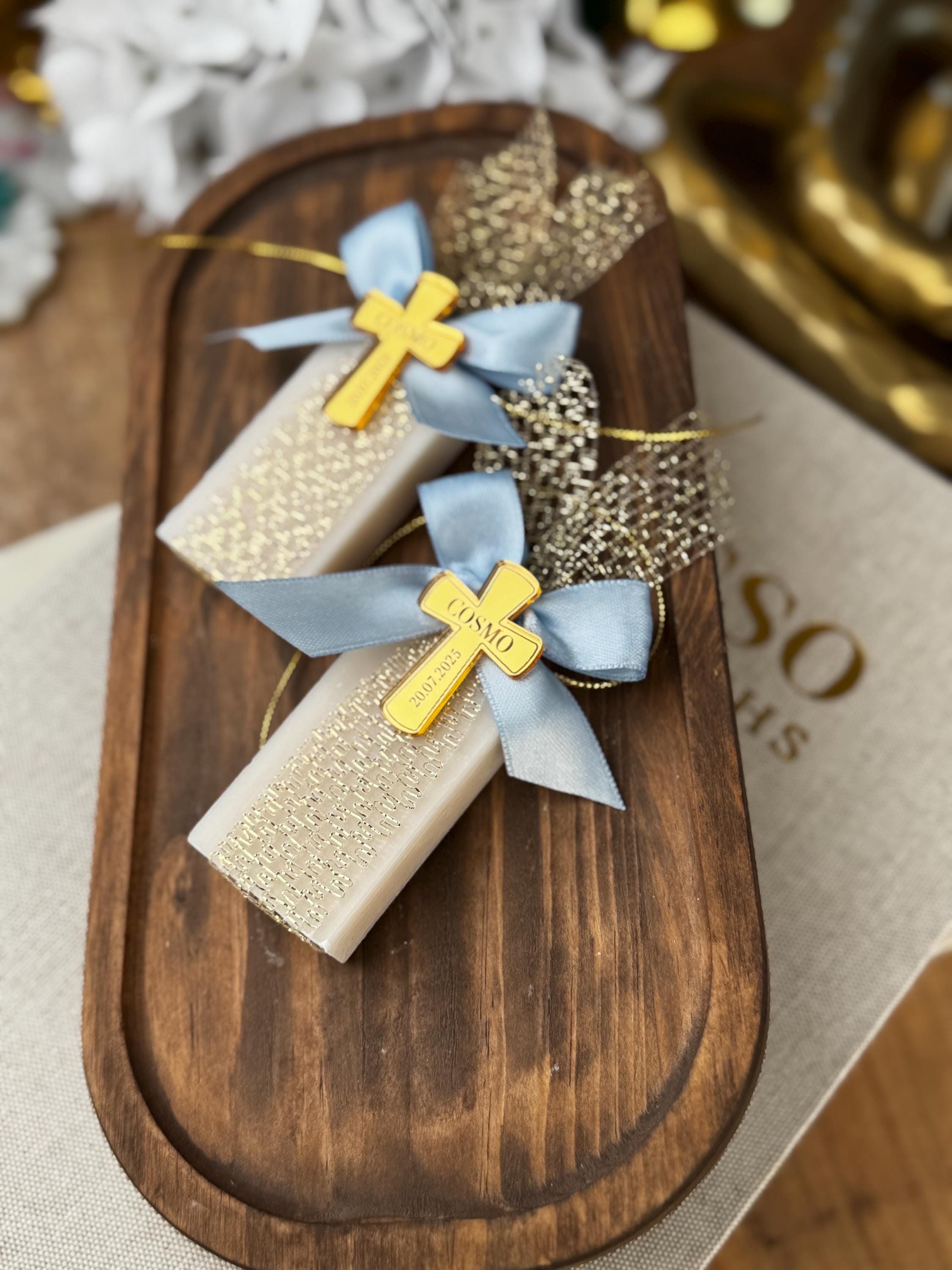 Personalized Baptism Soap Favor with Gold or Silver Cross & Ribbon - Custom Christening Gift for Boys and Girls - Elegant Religious Keepsake