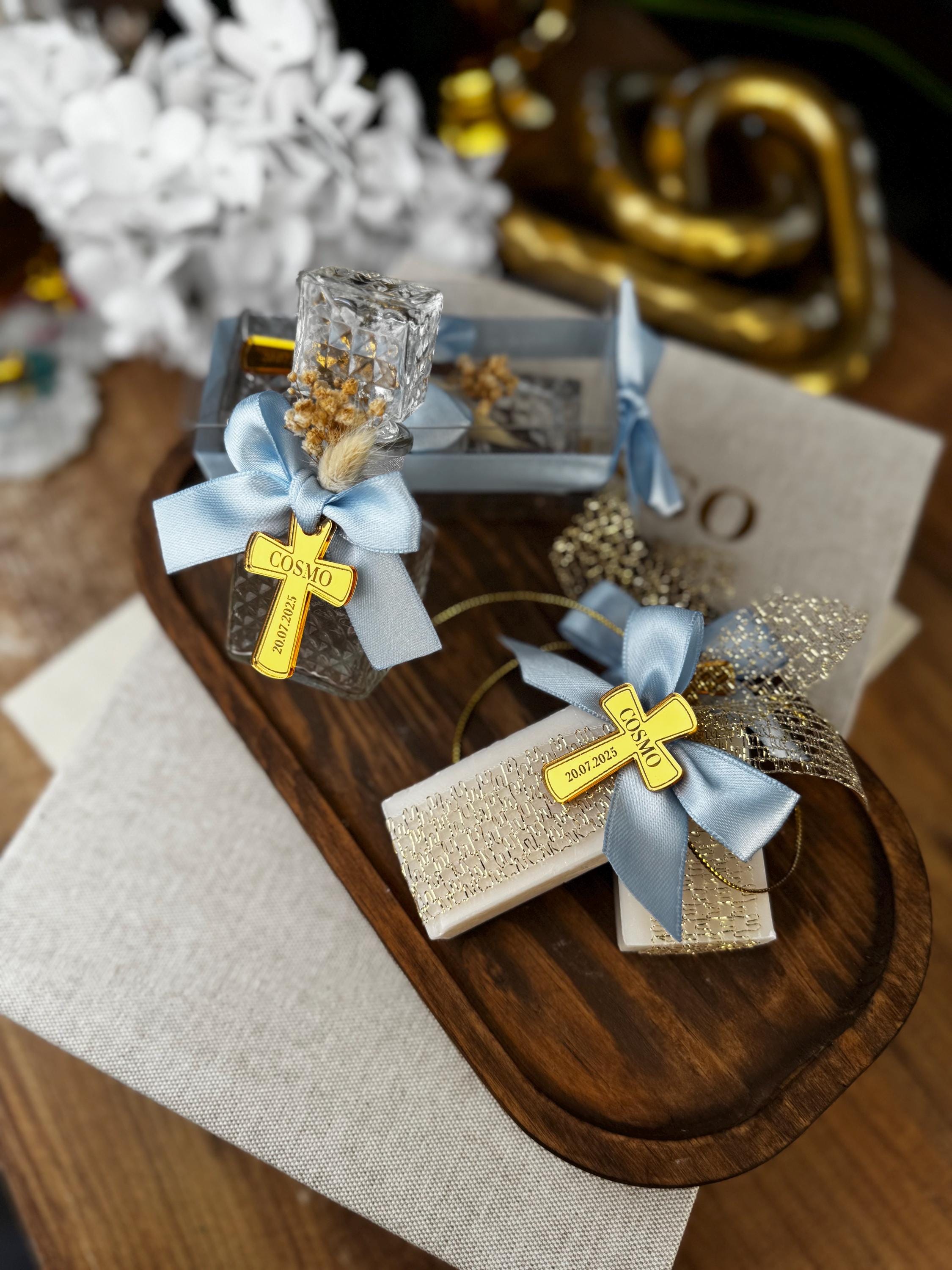 Personalized Baptism Soap Favor with Gold or Silver Cross & Ribbon - Custom Christening Gift for Boys and Girls - Elegant Religious Keepsake