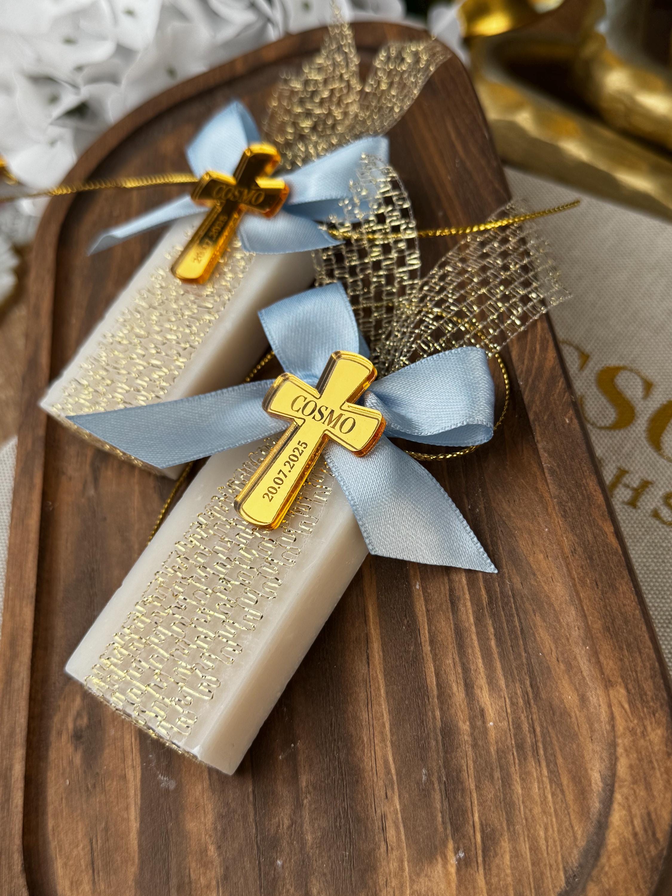 Personalized Baptism Soap Favor with Gold or Silver Cross & Ribbon - Custom Christening Gift for Boys and Girls - Elegant Religious Keepsake