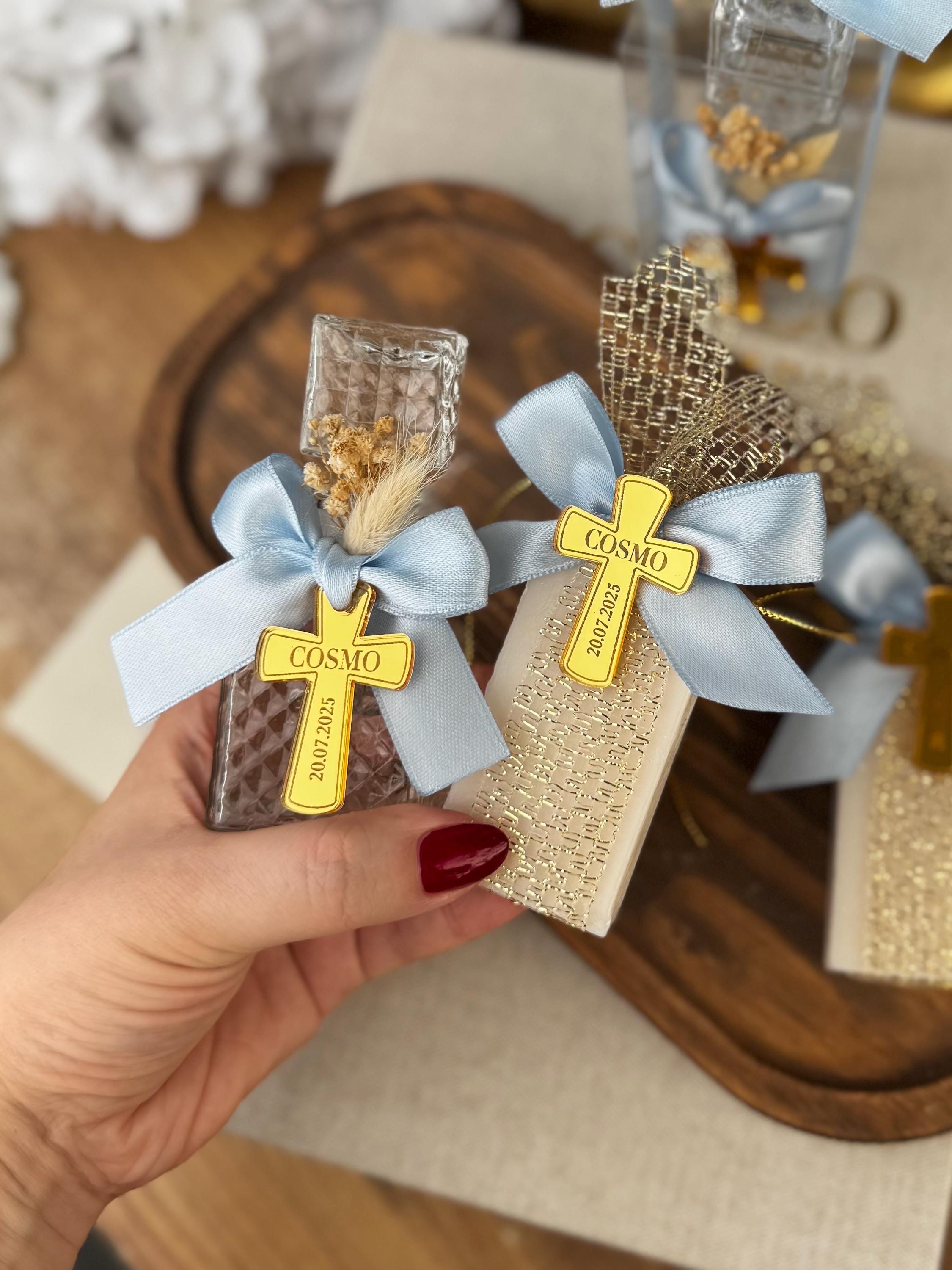 Personalized Baptism Soap Favor with Gold or Silver Cross & Ribbon - Custom Christening Gift for Boys and Girls - Elegant Religious Keepsake