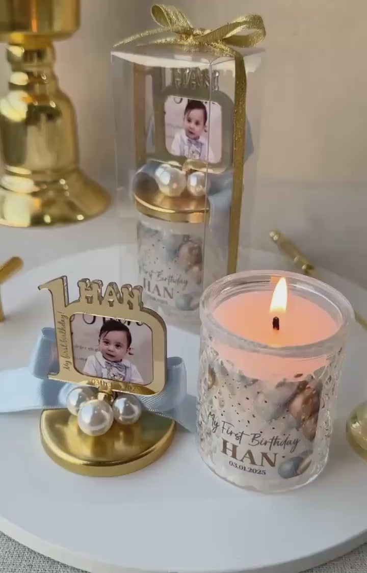 Personalized First Birthday Photo Frame Candle Favor for Guest , Unique Design 1st Birthday Boy and Girl Candle Favors, Baby Picture Frames