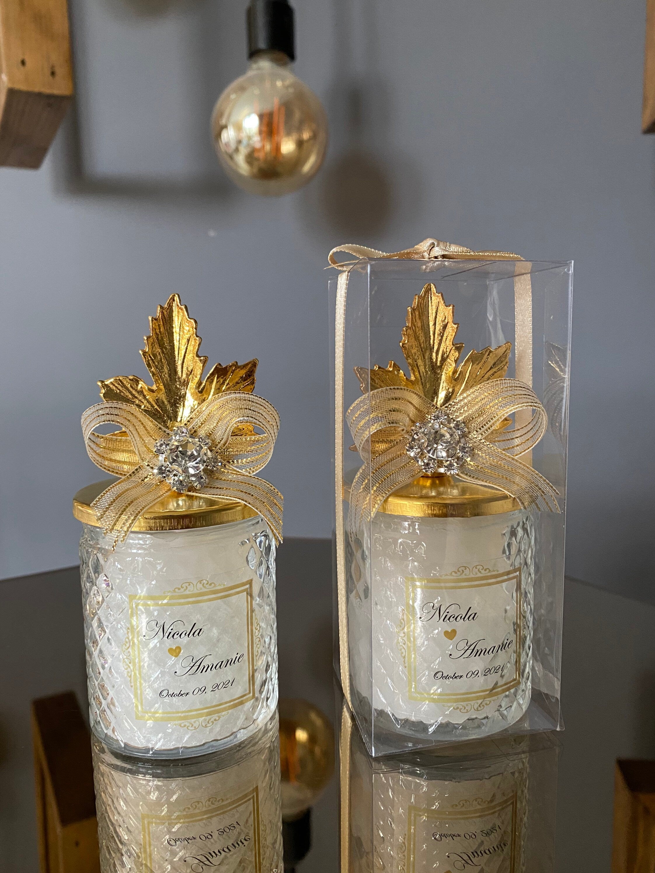 Custom Wedding Favors Candle with Gold Leaf Lid. Glass Candle Gift Favors for Guest. Engagement Party Candle. Classy Elite Party Favor