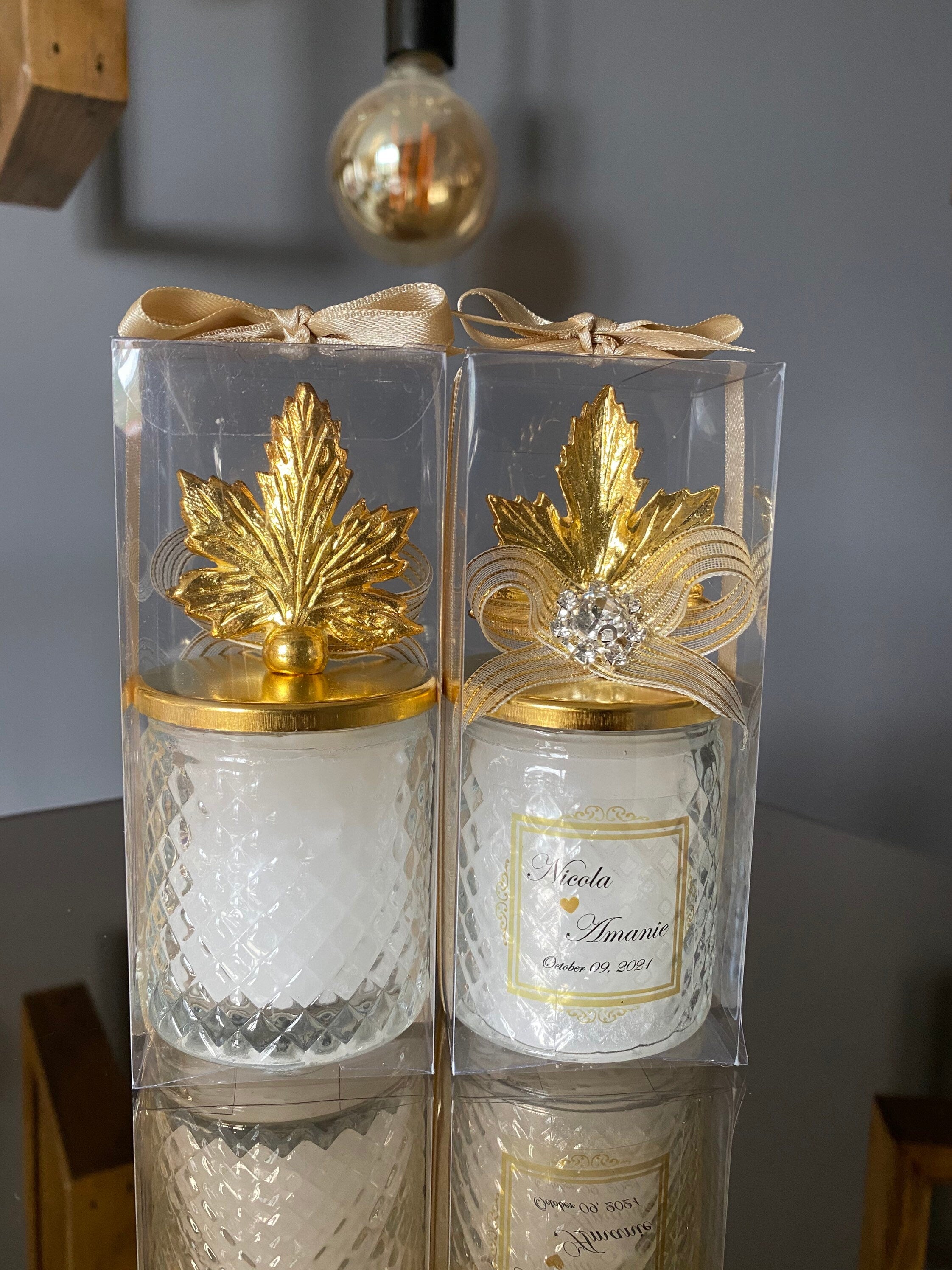 Custom Wedding Favors Candle with Gold Leaf Lid. Glass Candle Gift Favors for Guest. Engagement Party Candle. Classy Elite Party Favor