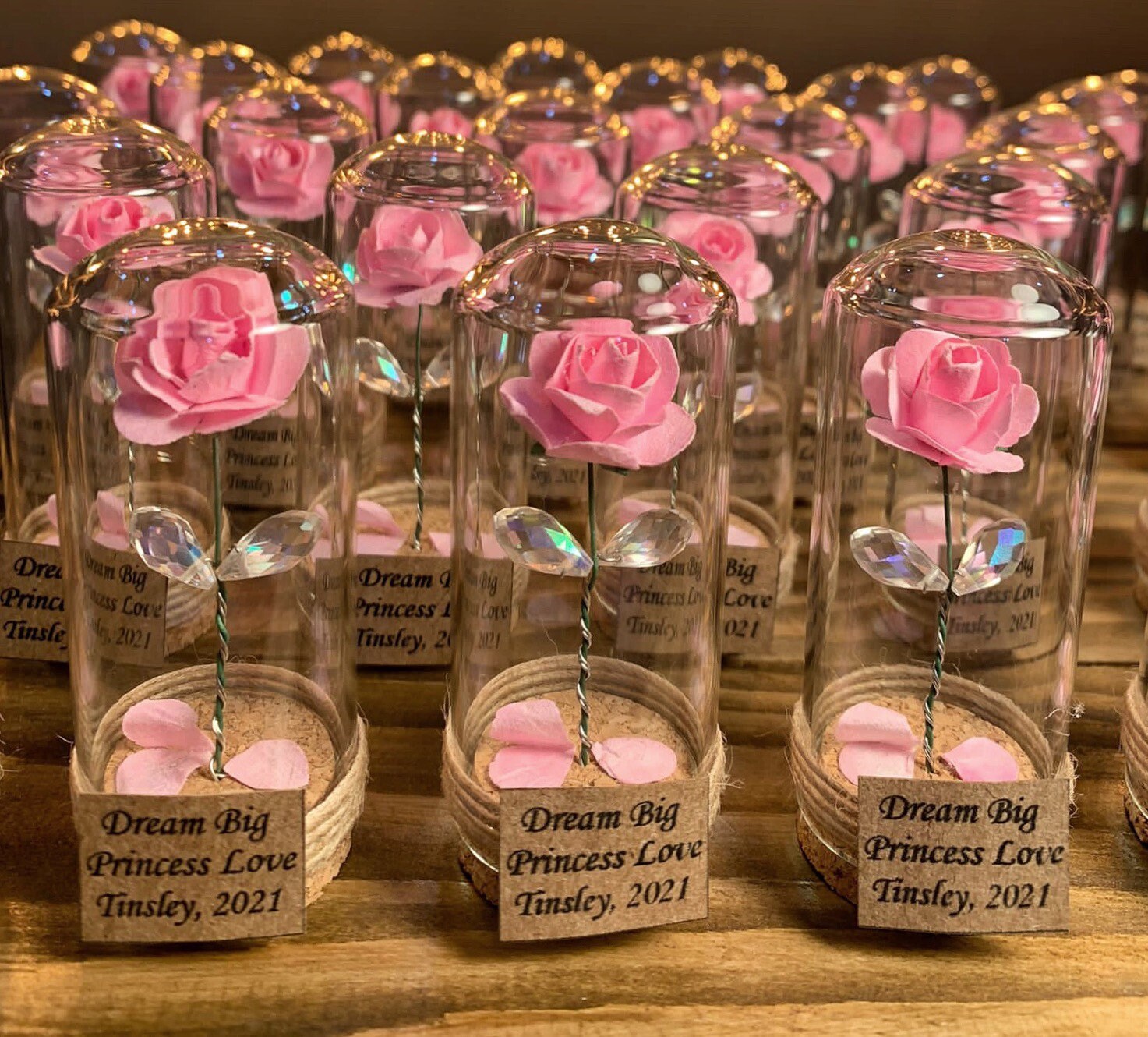 10 Pcs BEAUTY and the BEAST ROSE with fallen red petals in glass dome . Personalized Wedding Favor . Enchanted Rose with Tinsel Mini Glass