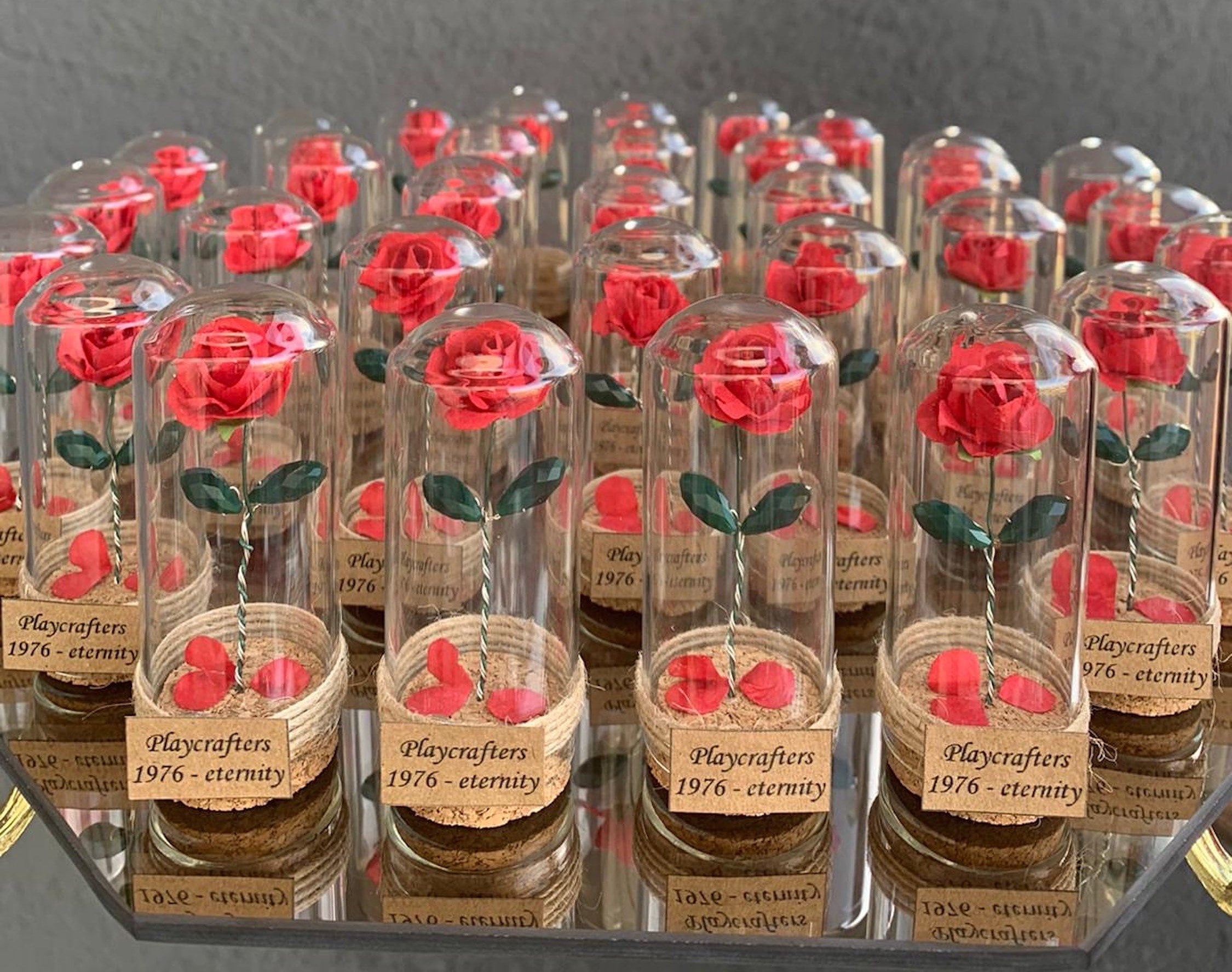 10 Pcs BEAUTY and the BEAST ROSE with fallen red petals in glass dome . Personalized Wedding Favor . Enchanted Rose with Tinsel Mini Glass