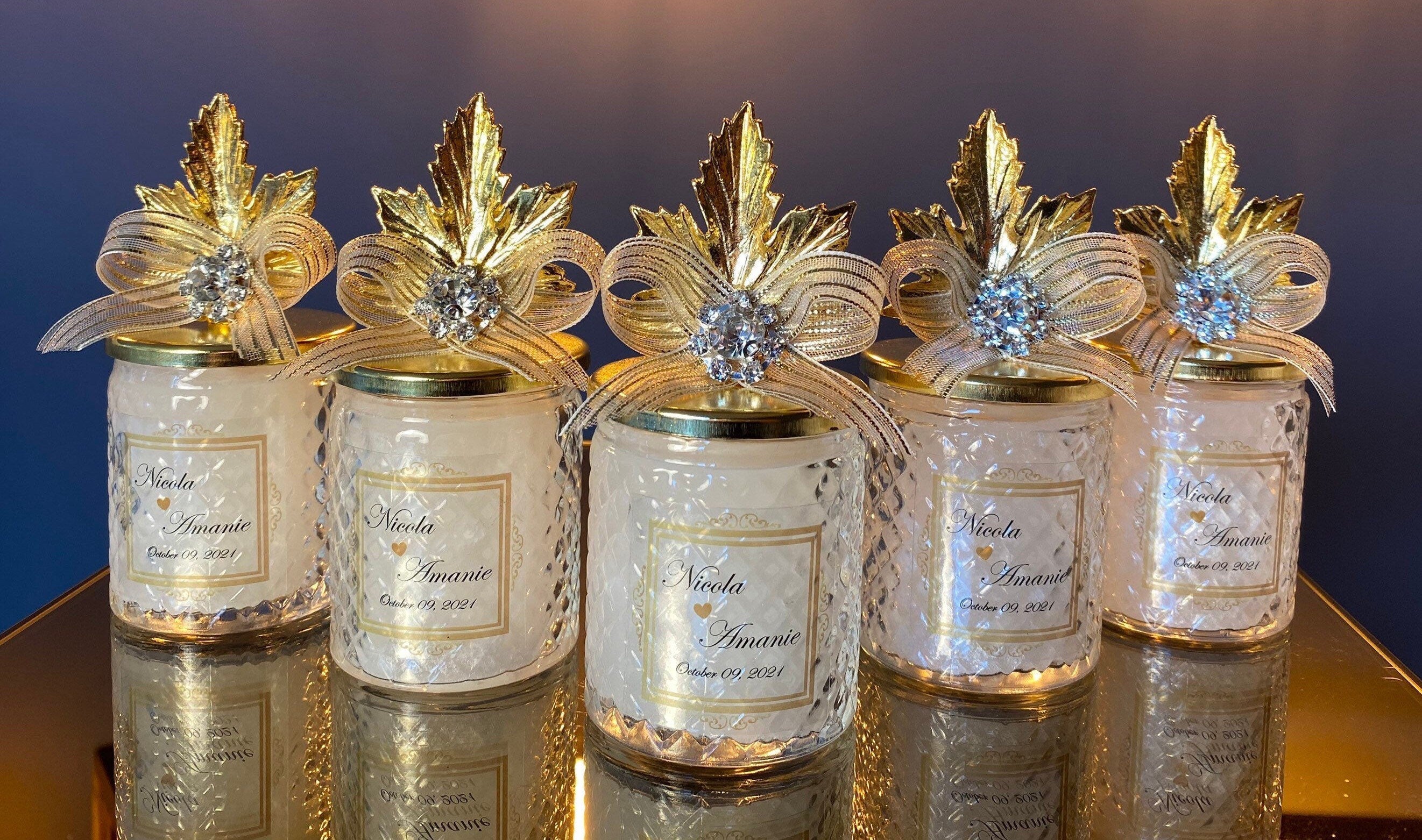 Custom Wedding Favors Candle with Gold Leaf Lid. Glass Candle Gift Favors for Guest. Engagement Party Candle. Classy Elite Party Favor