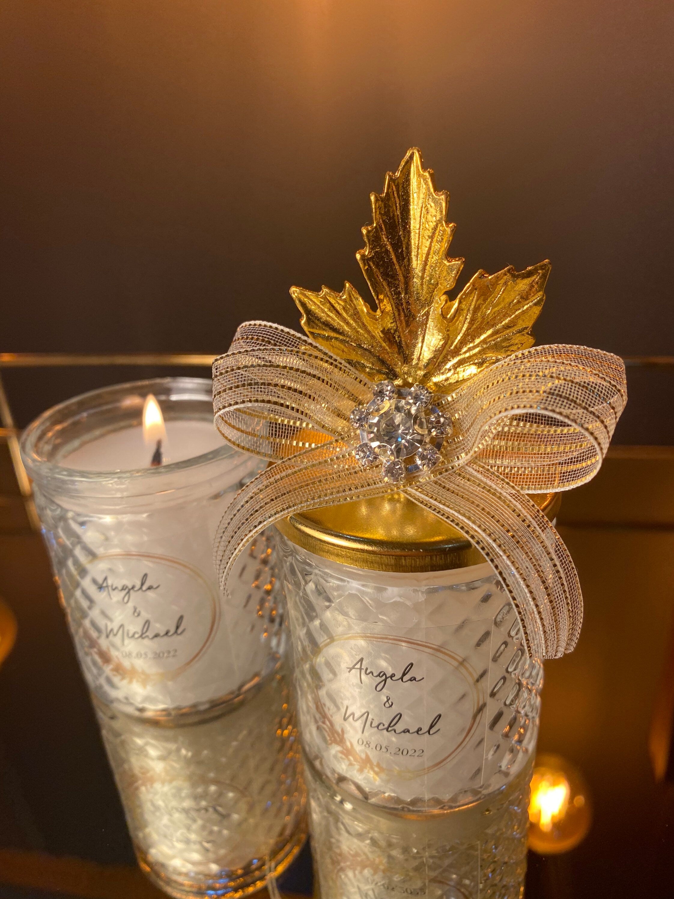 Custom Wedding Favors Candle with Gold Leaf Lid. Glass Candle Gift Favors for Guest. Engagement Party Candle. Classy Elite Party Favor