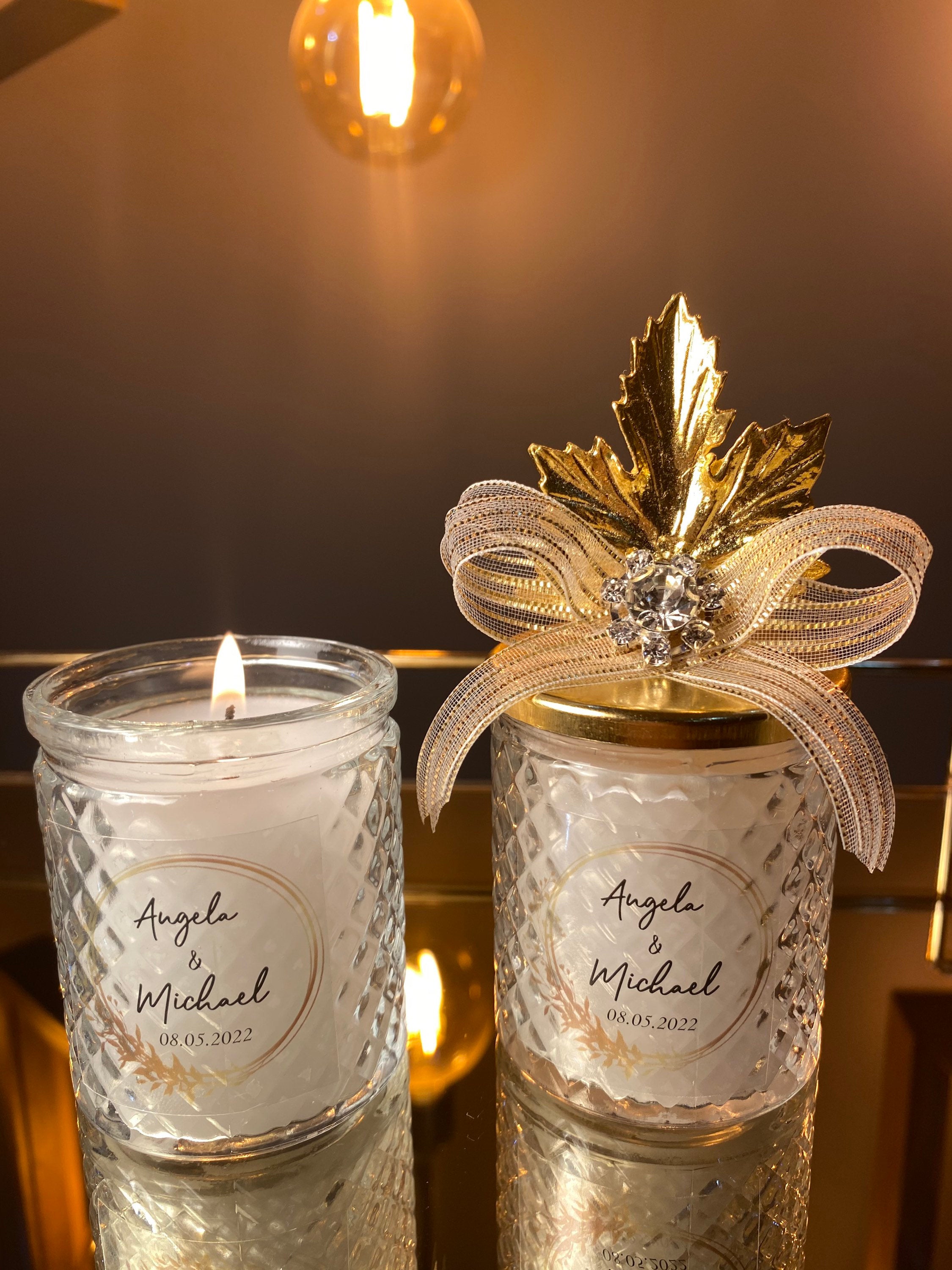 Custom Wedding Favors Candle with Gold Leaf Lid. Glass Candle Gift Favors for Guest. Engagement Party Candle. Classy Elite Party Favor