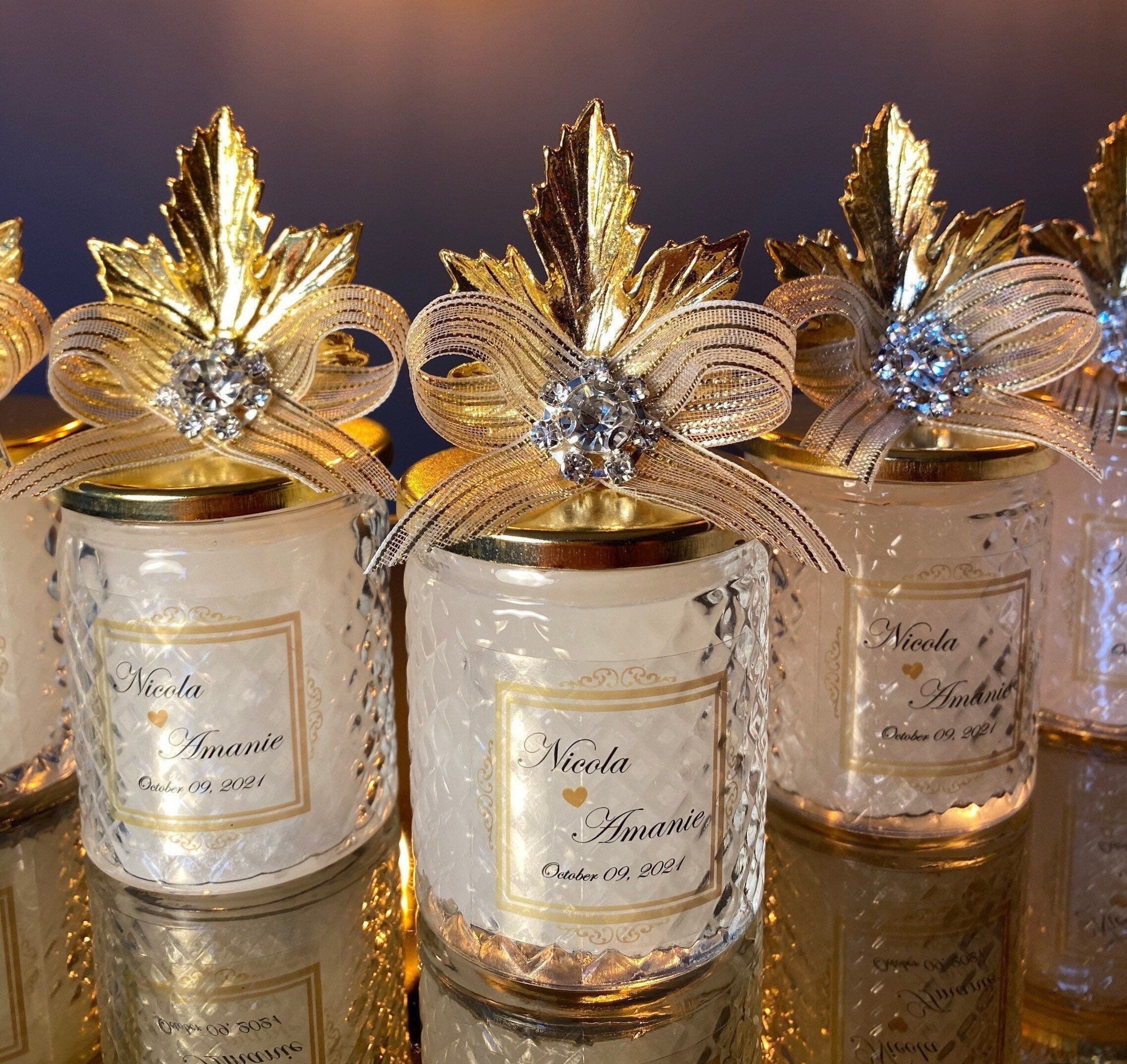 Custom Wedding Favors Candle with Gold Leaf Lid. Glass Candle Gift Favors for Guest. Engagement Party Candle. Classy Elite Party Favor