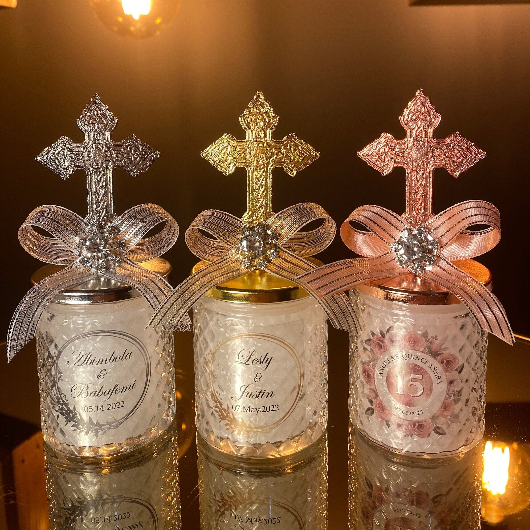 Personalized Baptism Candle Favor – Cross Lid – Christening Gift – On Sale