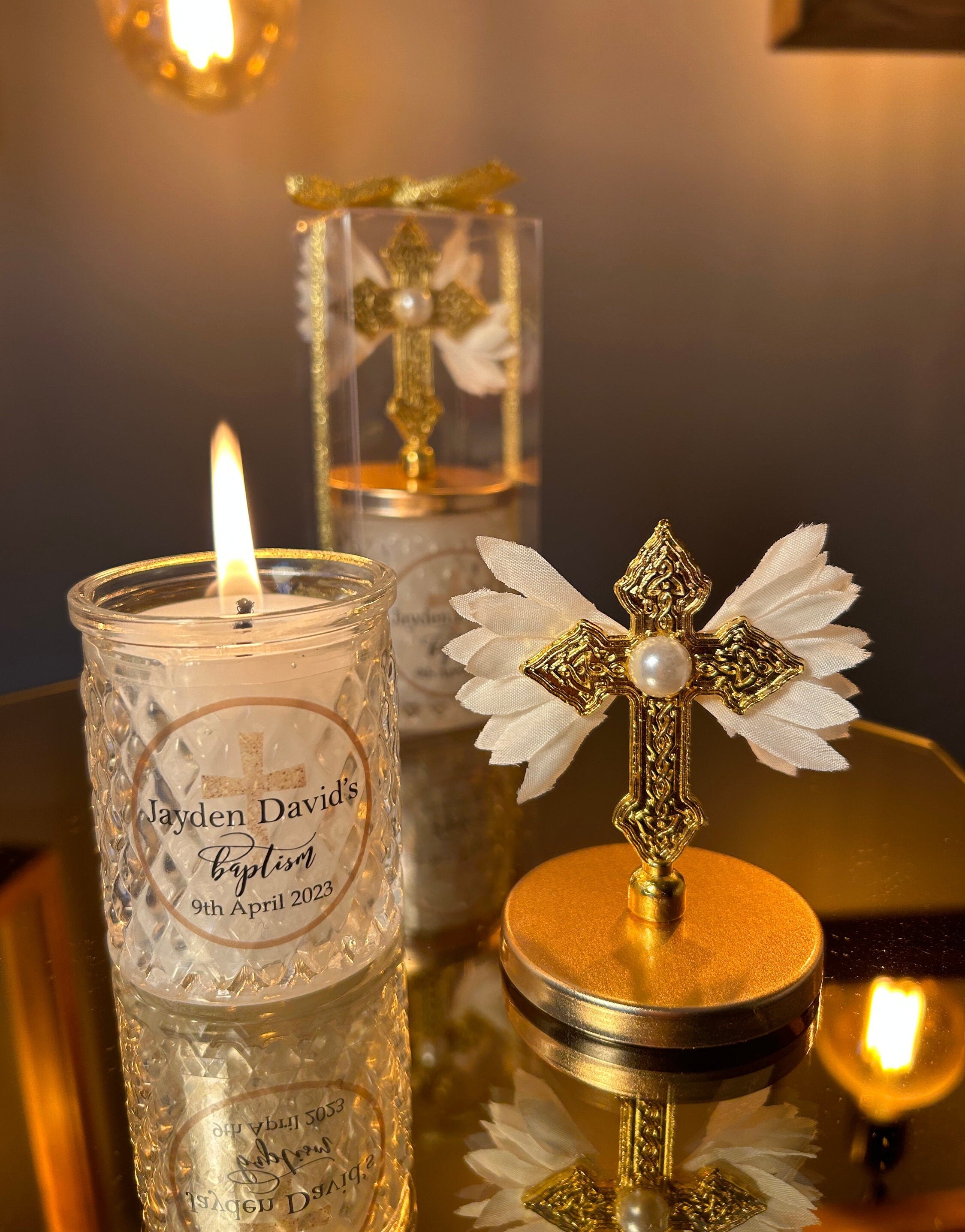 HANDMADE BAPTISM CANDLE Favor for Guests • Cross Lid with Wings Baptism Favors Gift• Personalized Christening Candle Favors in glass