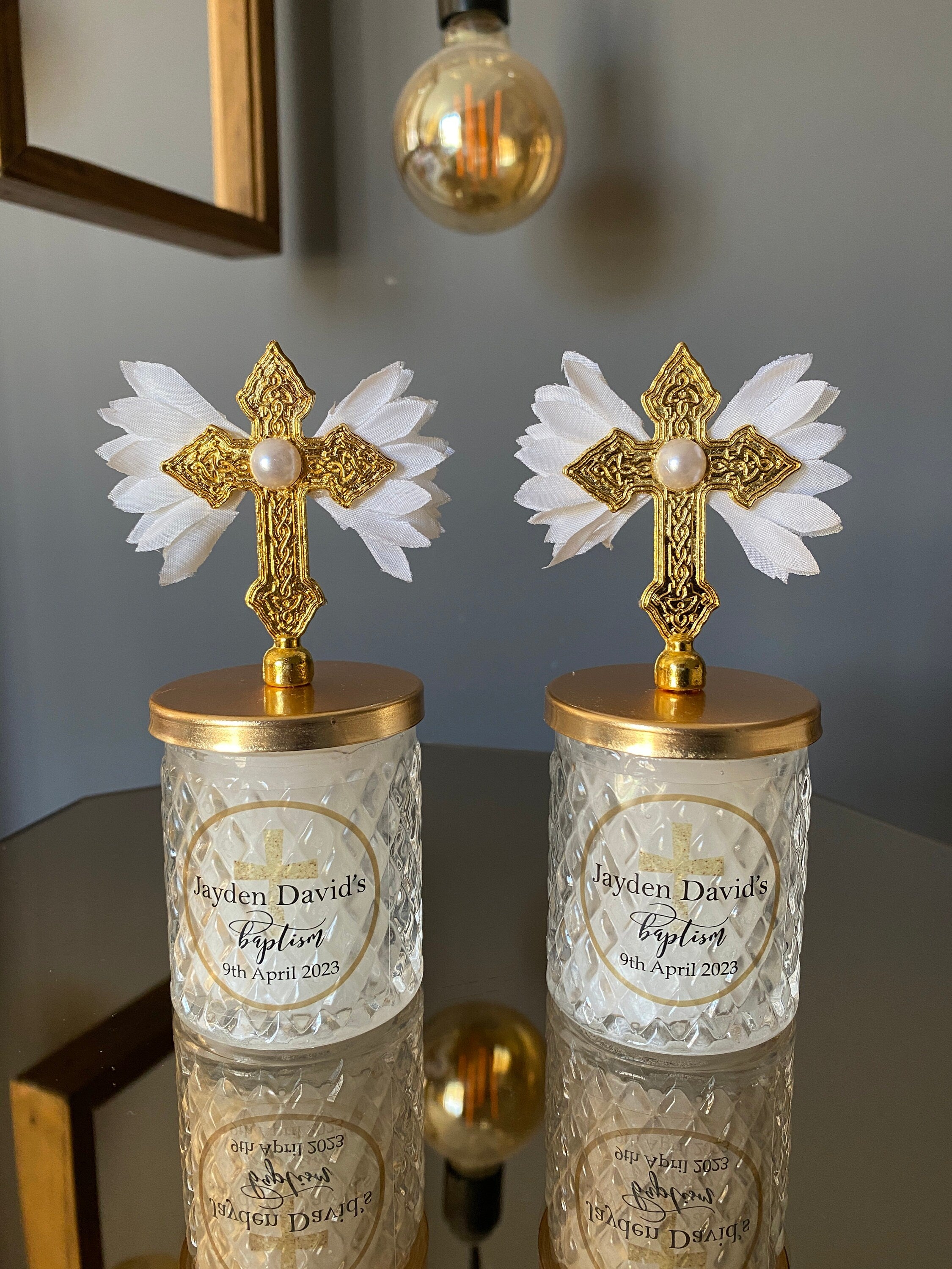 HANDMADE BAPTISM CANDLE Favor for Guests • Cross Lid with Wings Baptism Favors Gift• Personalized Christening Candle Favors in glass