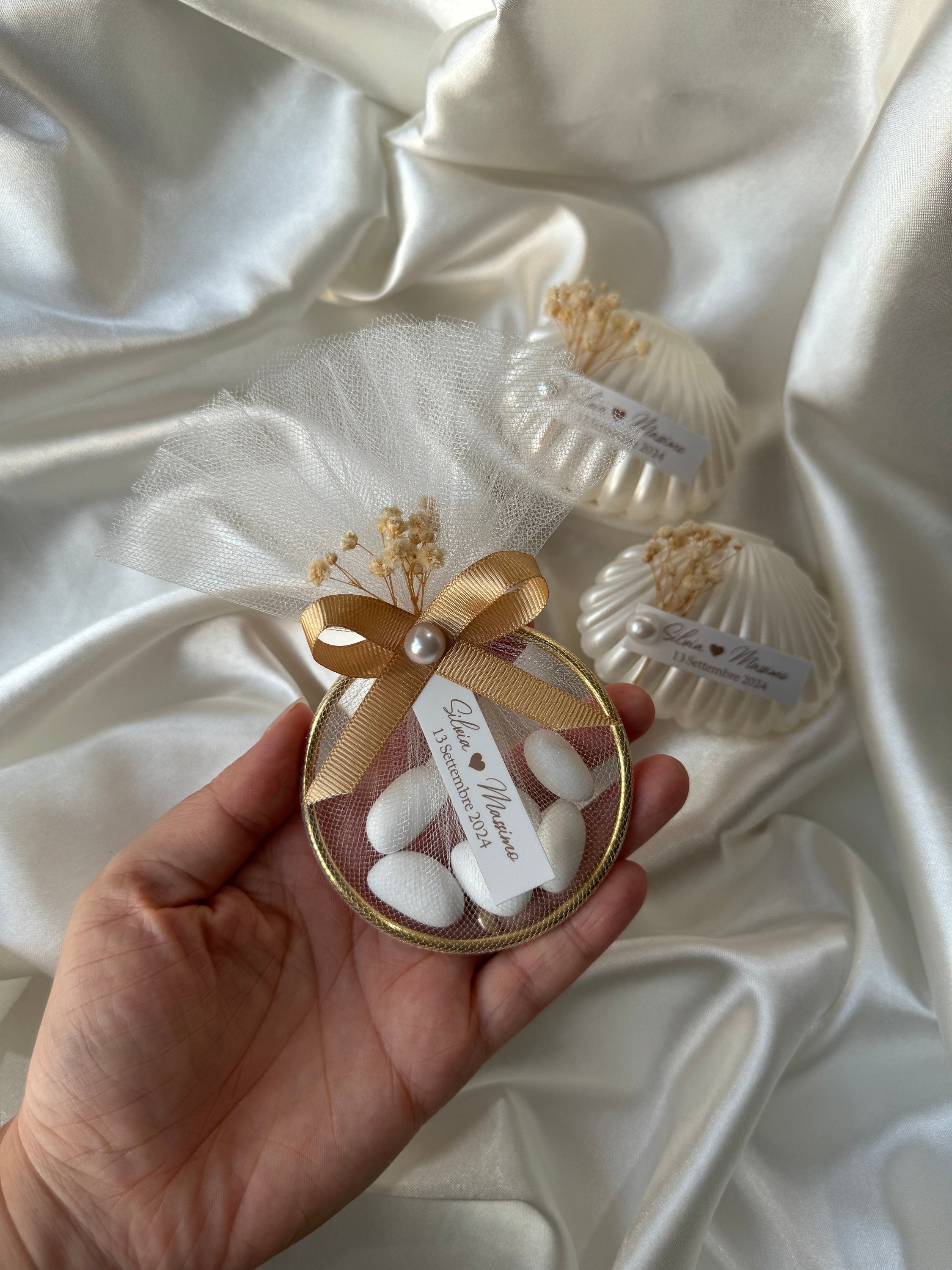 Personalized Wedding Almond Candy Magnet Favors with dried Flower - Custom Baptism Dragee Magnet Favors, Baby Shower Magnet Favors in bulk