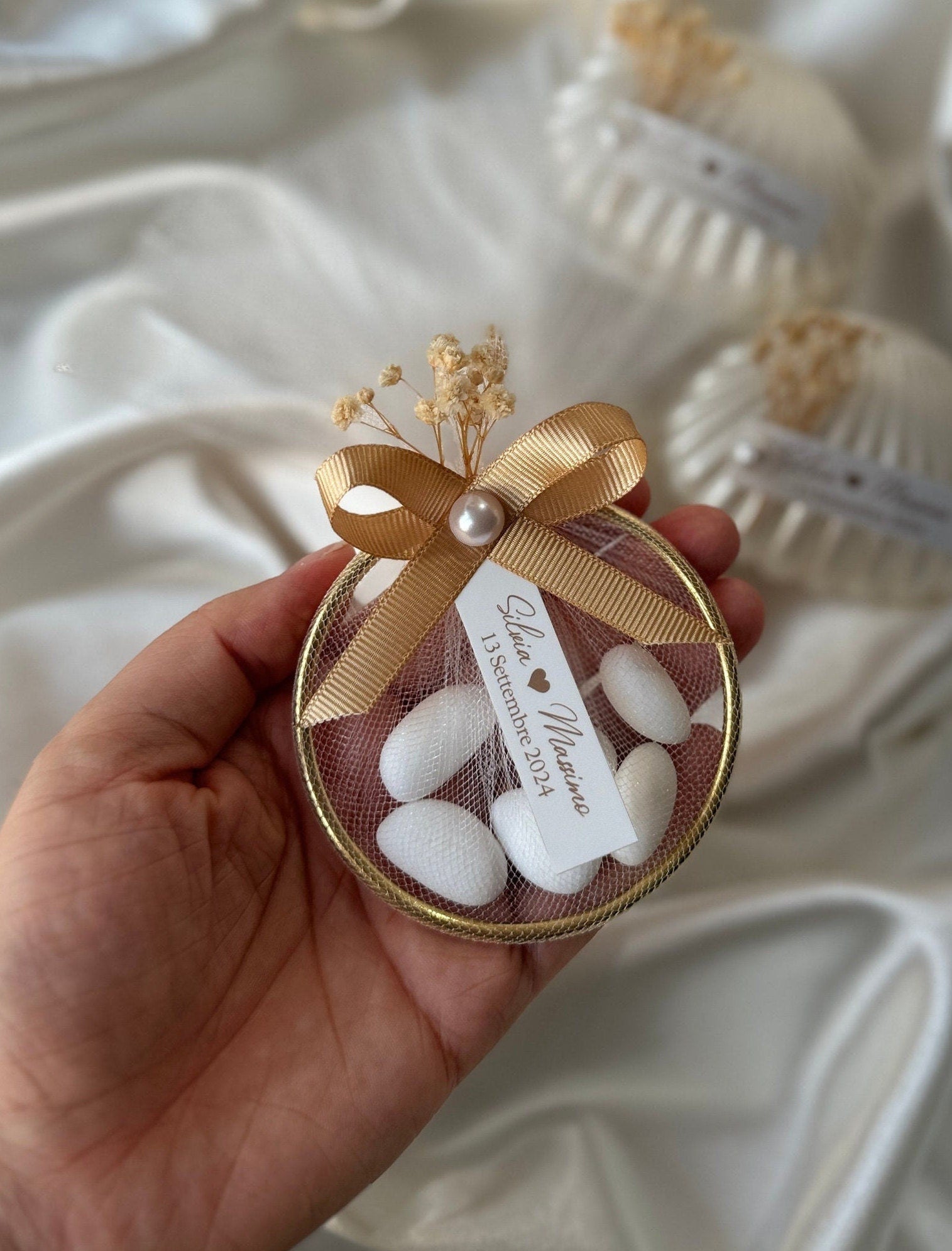 Personalized Wedding Almond Candy Magnet Favors with dried Flower - Custom Baptism Dragee Magnet Favors, Baby Shower Magnet Favors in bulk