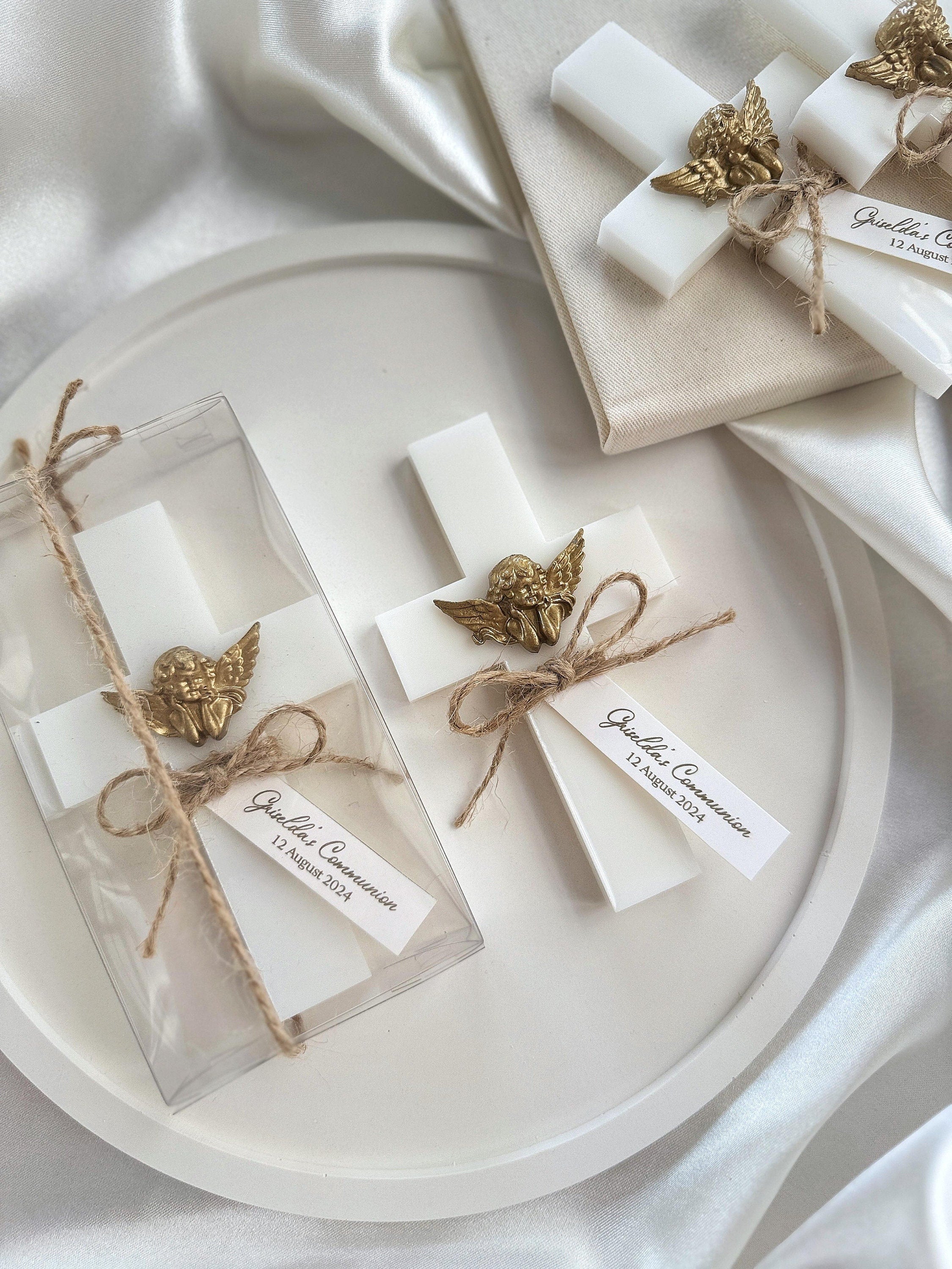 Cross epoxy magnet with gold angel ornament , baptism christening first holy communion favors