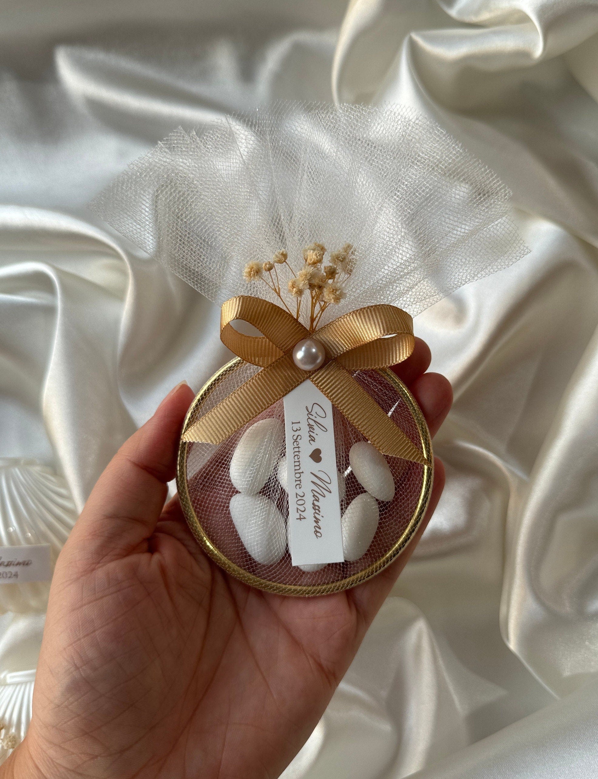 Personalized Wedding Almond Candy Magnet Favors with dried Flower - Custom Baptism Dragee Magnet Favors, Baby Shower Magnet Favors in bulk