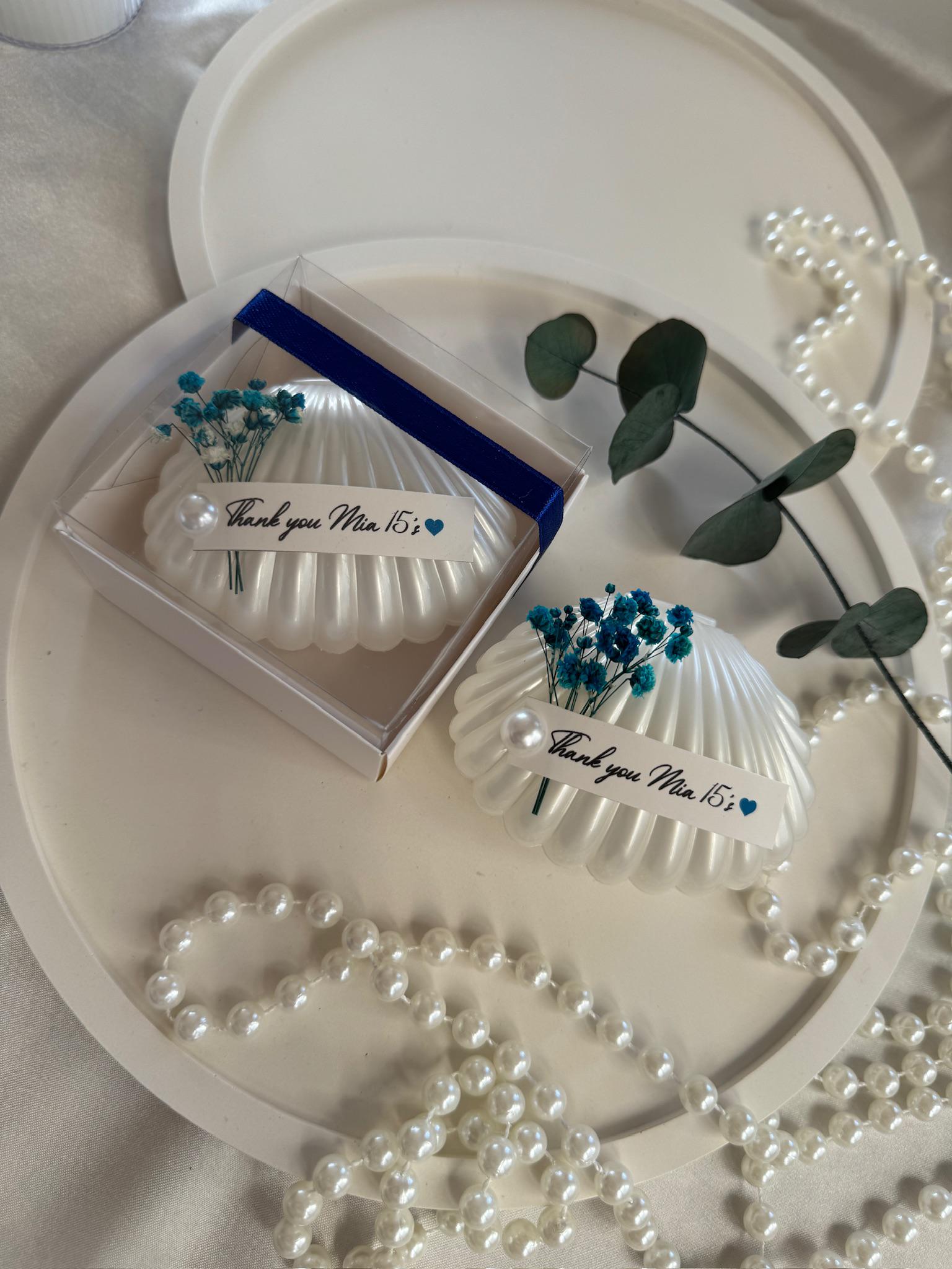 Handmade Mica Sea Shell Candle Baby Shower Favors for Guest, Pearl Candle Favor with Flower, Baptism Thank You Favors, Baby boy Party Favors
