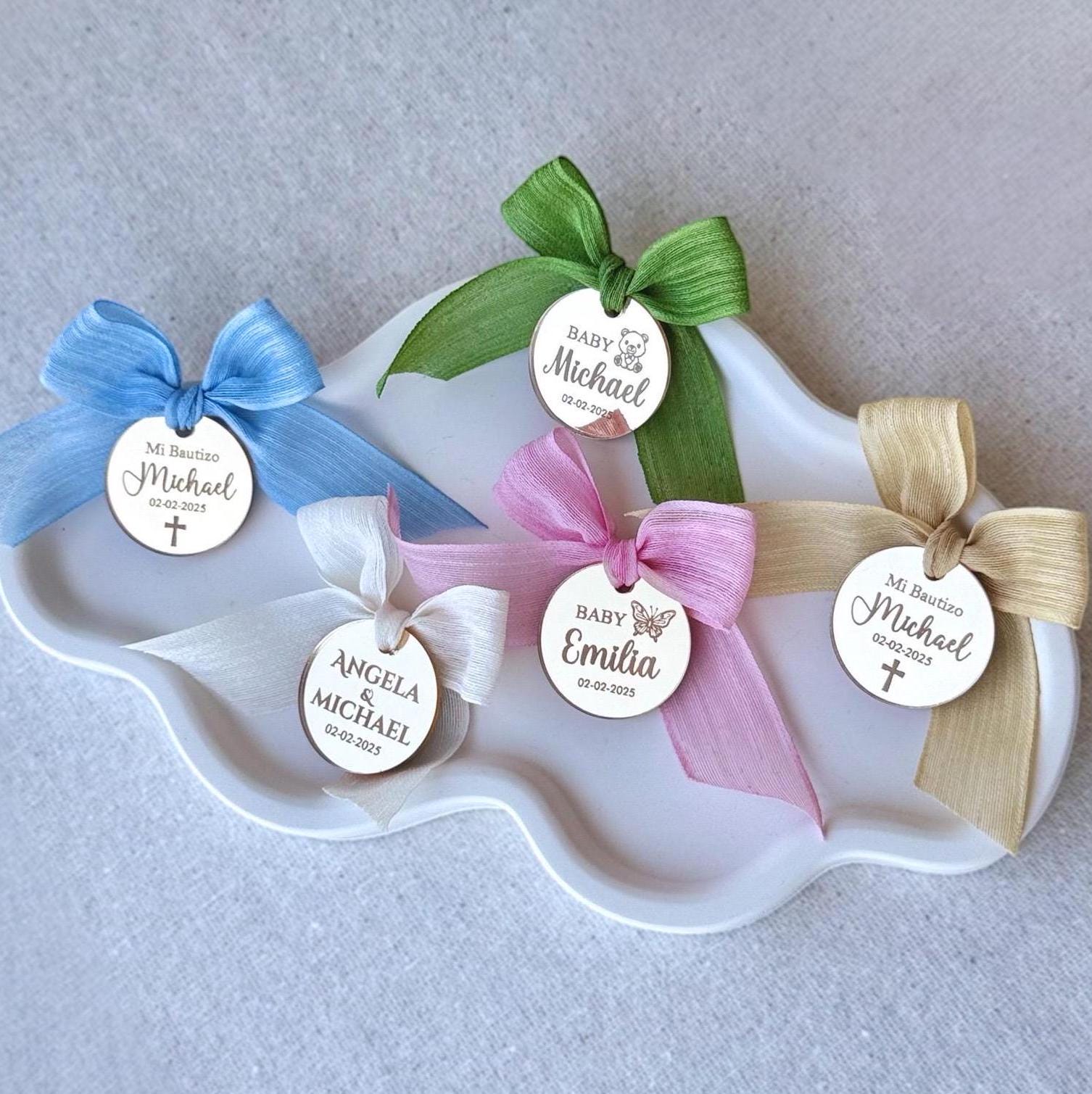 Personalized Round Acrylic Mirror Tags with Ribbon for Any Occasion, Engagement Favor Tag, Gift Tag, Save The Date Tags, Mi Bautizo Tags
