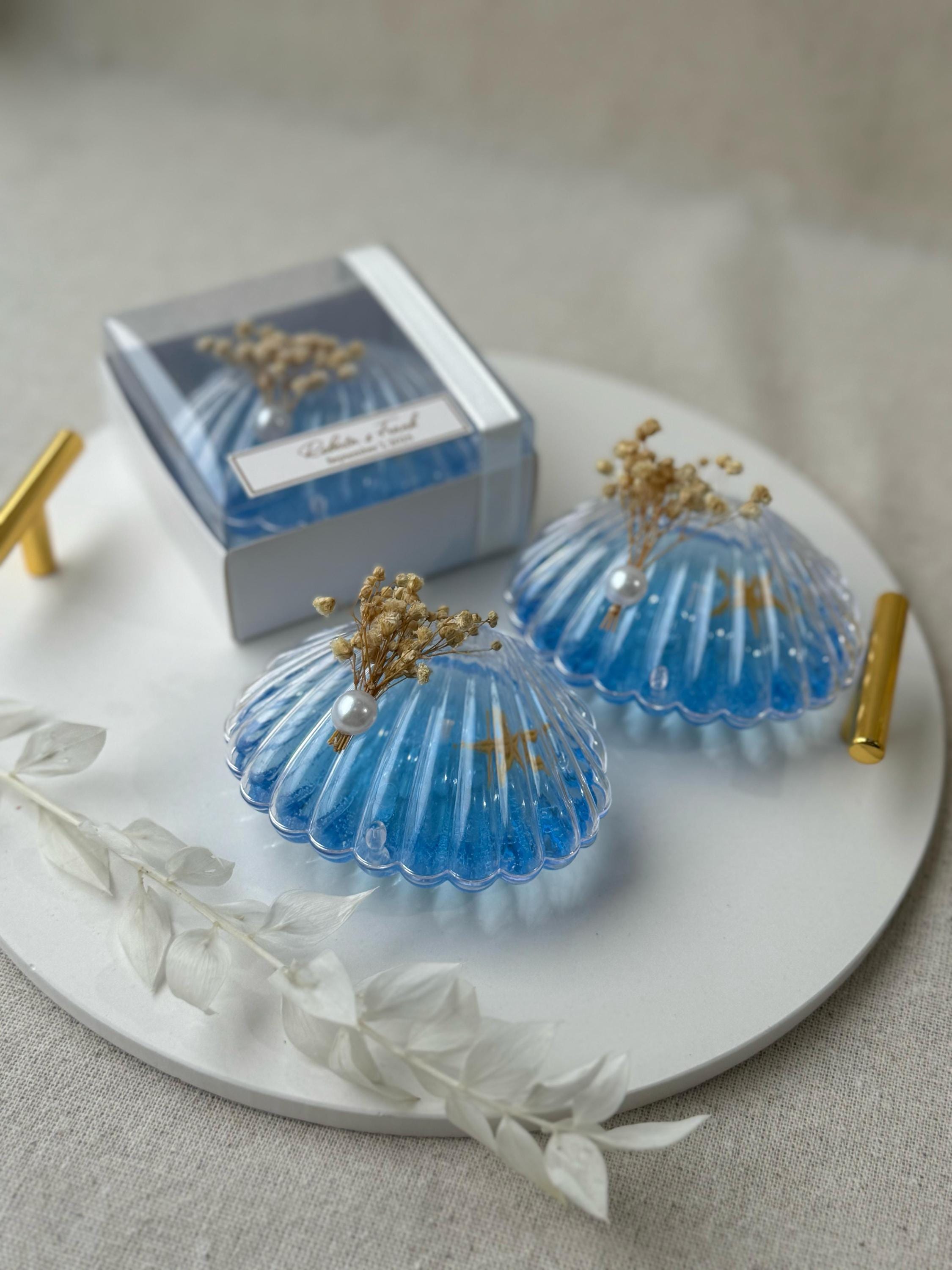 Handmade Ocean Theme Beach Wedding Pearl and Sea Shell Candle Favors for Guests, Pearl Candle Favor Decorated with Flower, Thank You Favors
