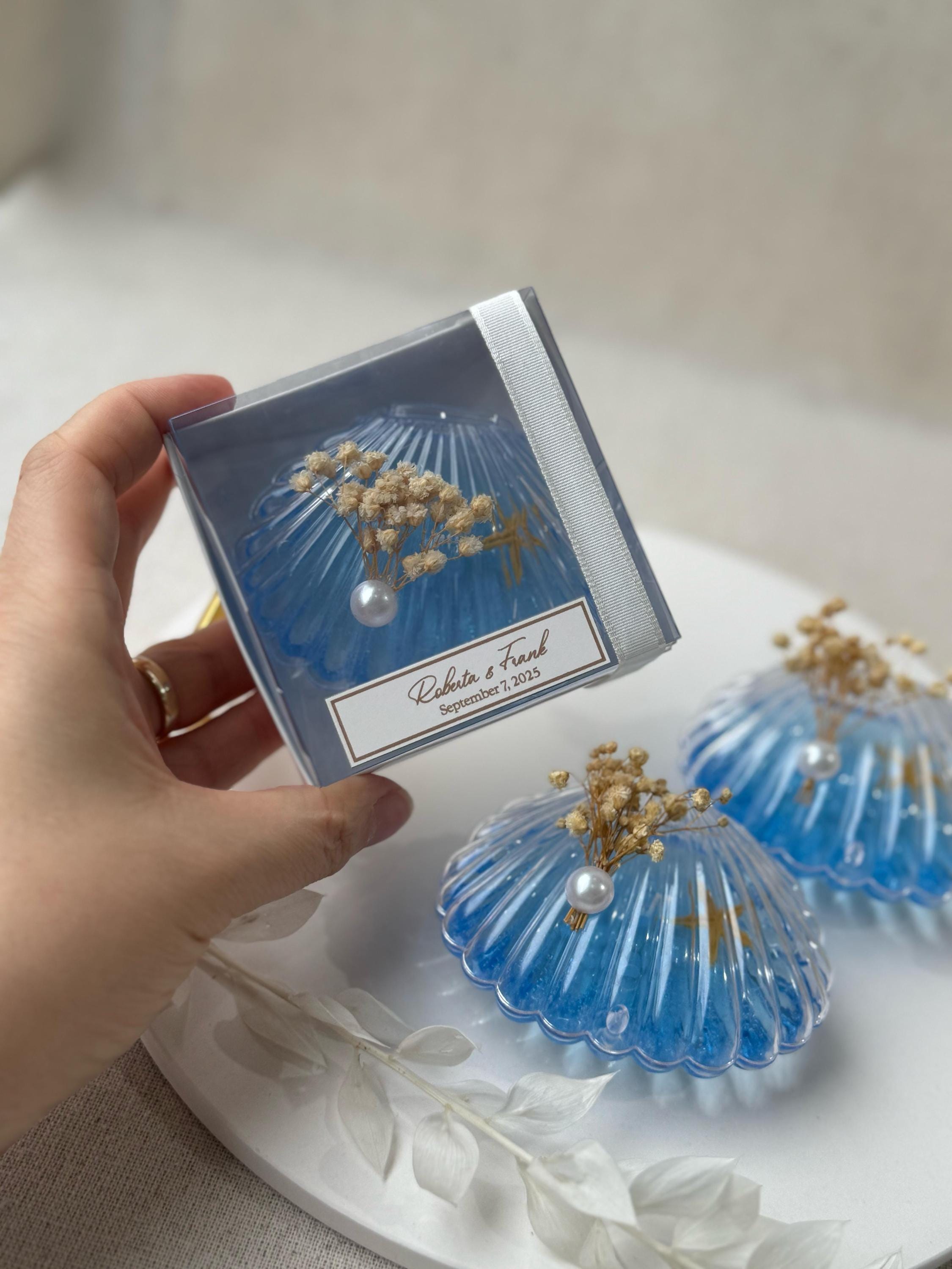 Handmade Ocean Theme Beach Wedding Pearl and Sea Shell Candle Favors for Guests, Pearl Candle Favor Decorated with Flower, Thank You Favors