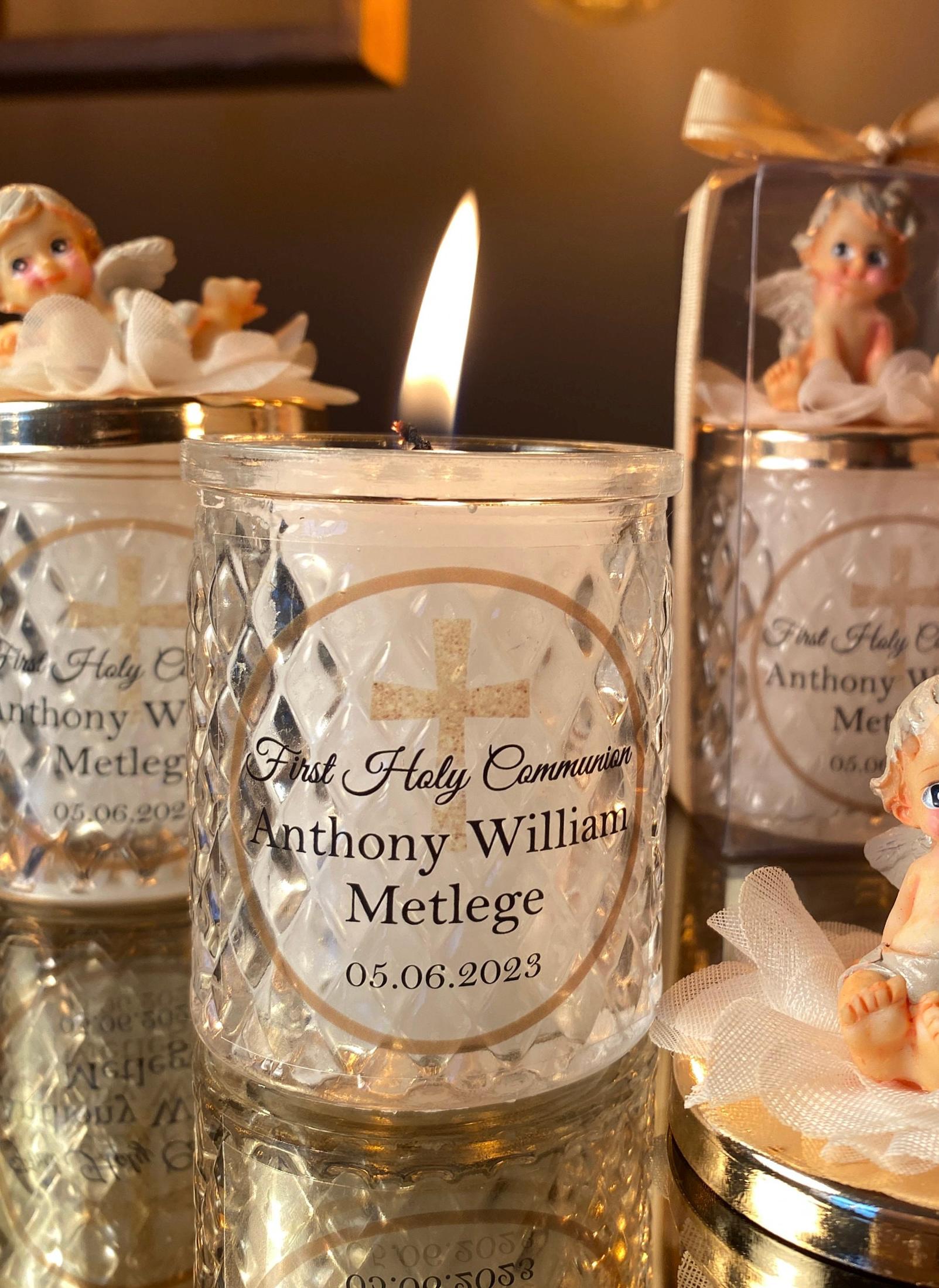 angel baptism lid glass candle first holy communion favor favors gold cross personalized christening