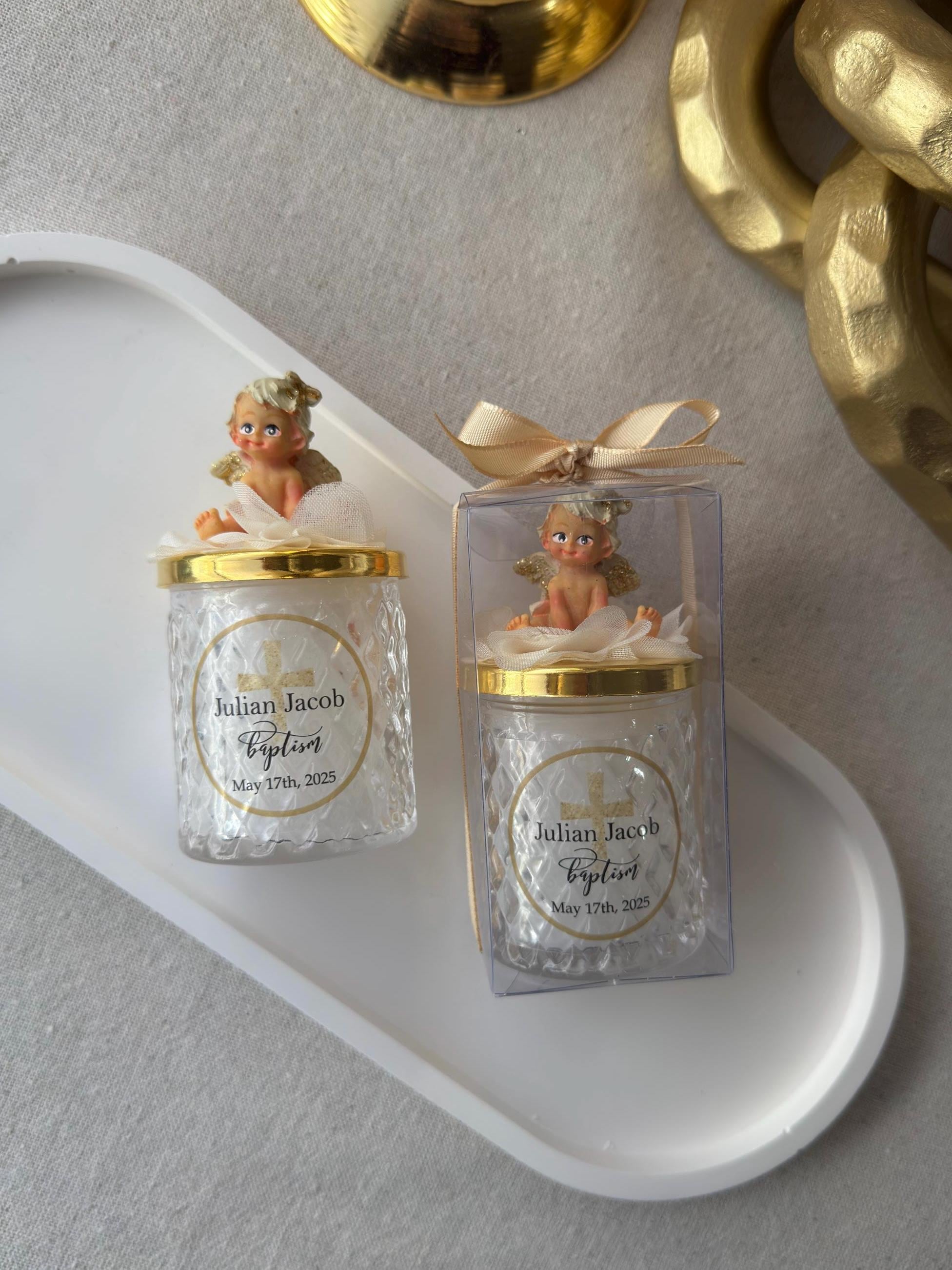 NEW Angle Lid Personalised Baptism Thank you Glass Candle Favor for Guests, Luxury First Holy Communion Favors, Christening Favor for Guest