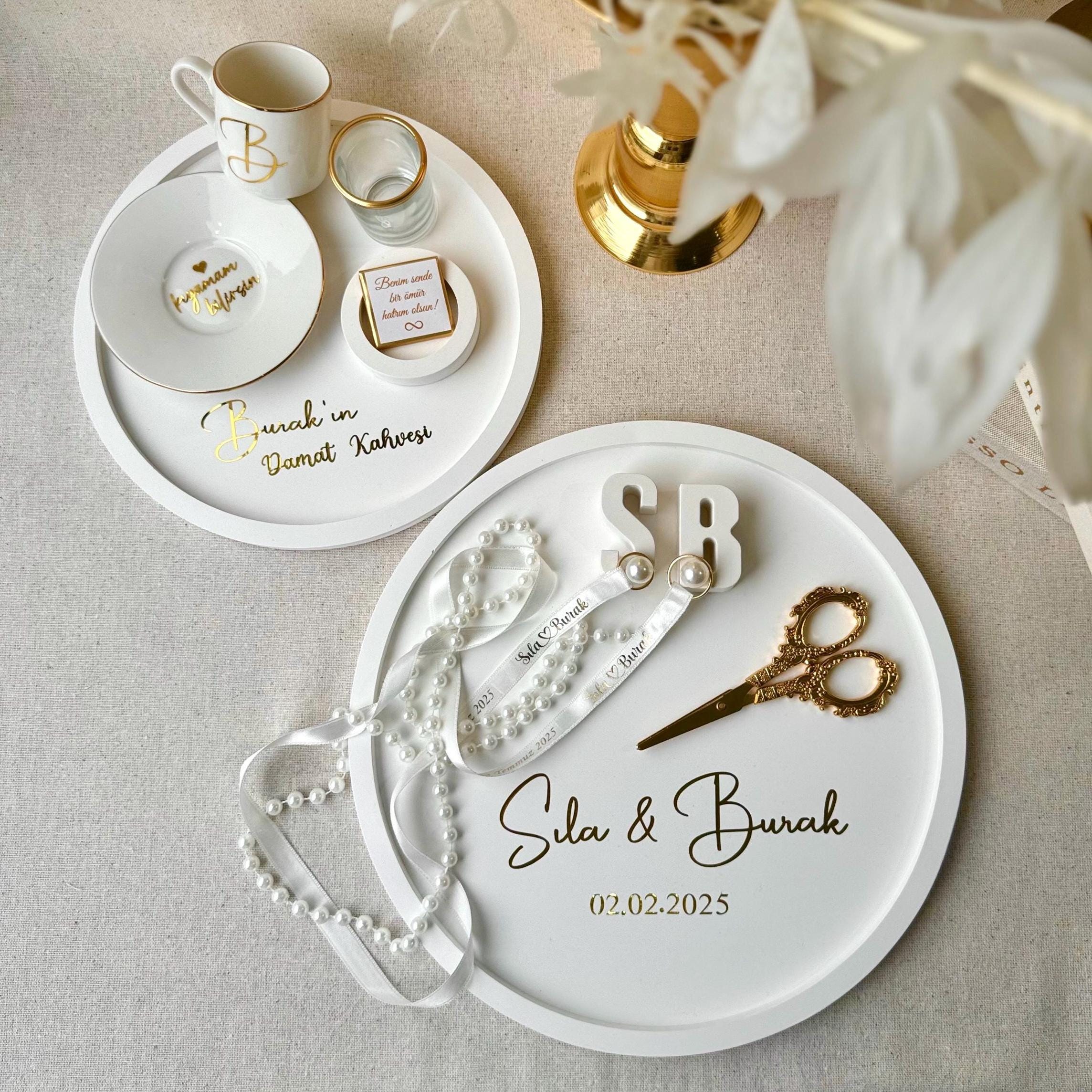 Handmade Engagement & Groom’s Coffee Tray Set – Personalized with Gold Foil, Söz Nişan Tepsisi Damat Kahve Tepsisi, Verlobungstablett