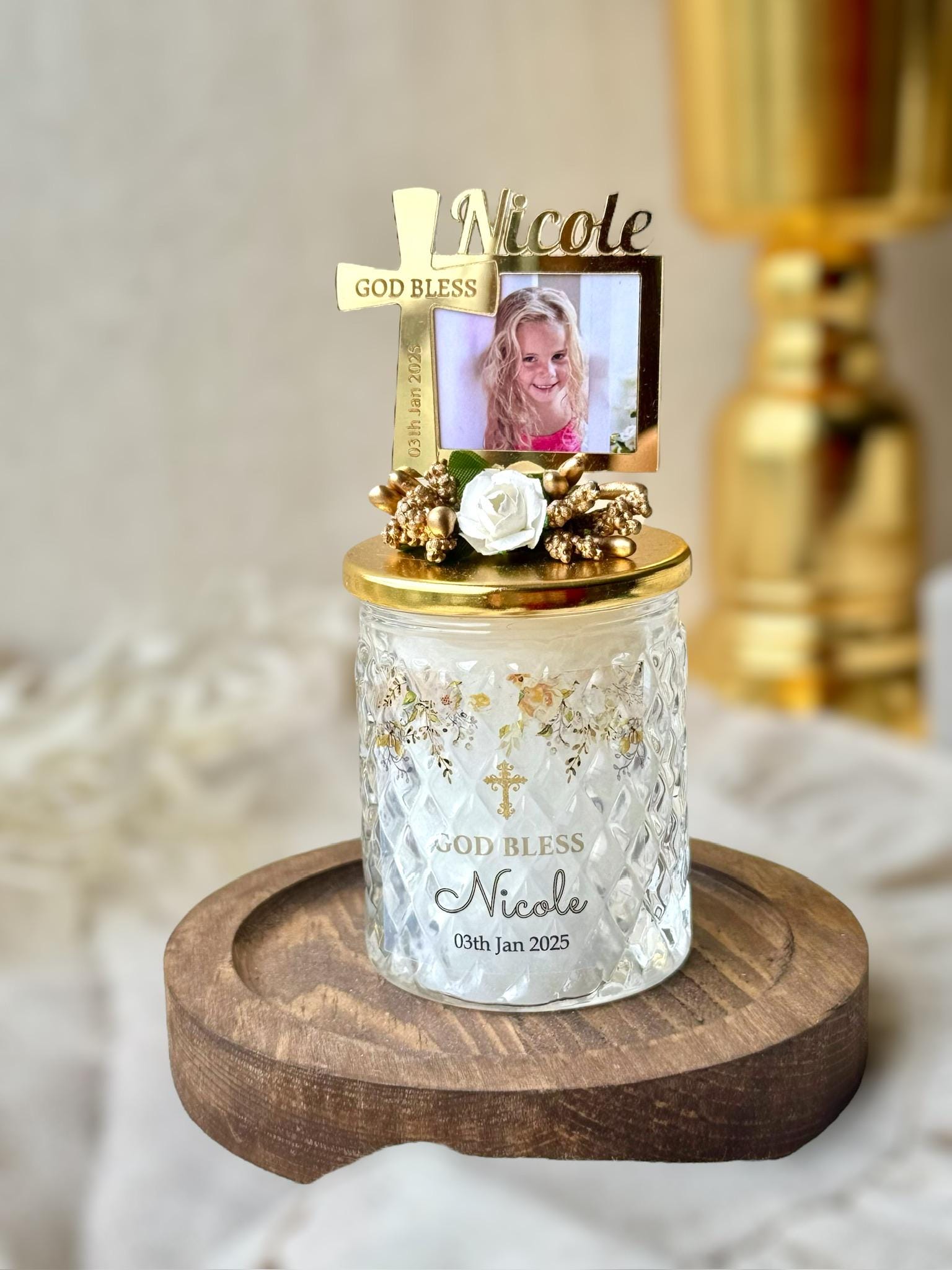 Custom Photo Frame Baptism Candle Favors, First Holy Communion Favor for Guests, Elegant Custom Christening Candle Favors Boy and Girl