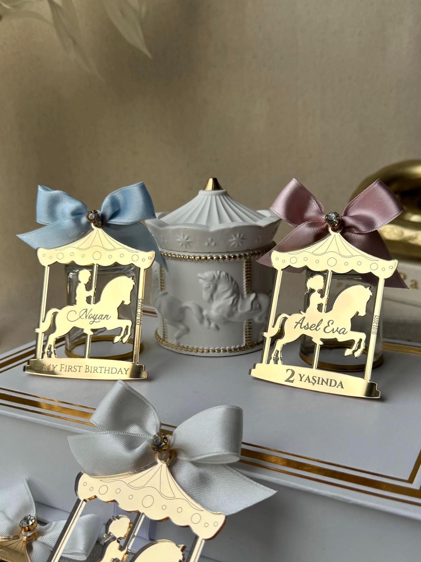 Personalized Birthday Carousel Mirror Magnet Party Favor, Baby Girl Baby Boy 1st Birthday Party Favors in bulk, Carousel Party Decorations
