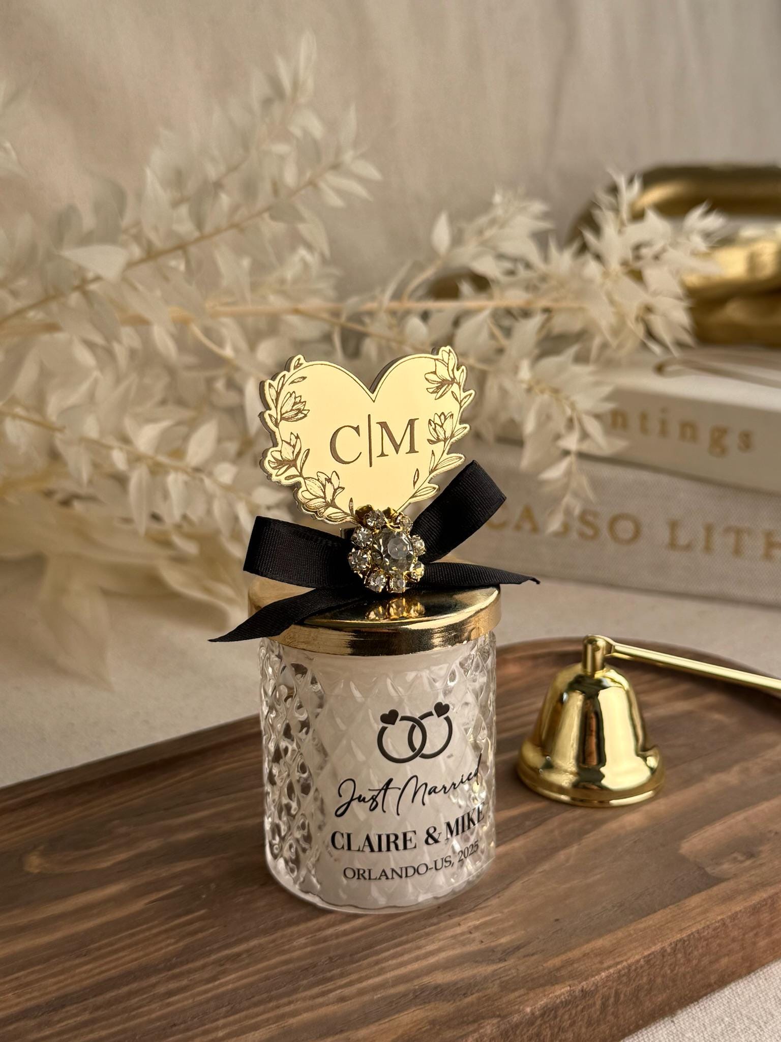 Personalized Wedding Favor Luxury Candle Gift Set Custom Mirror Topper Design Gold Accent Collection Premium Glass Jar Presentation Elegant Reception Table Display Beautiful Rhinestone Detail Customizable Ribbon Options Bridal Party
