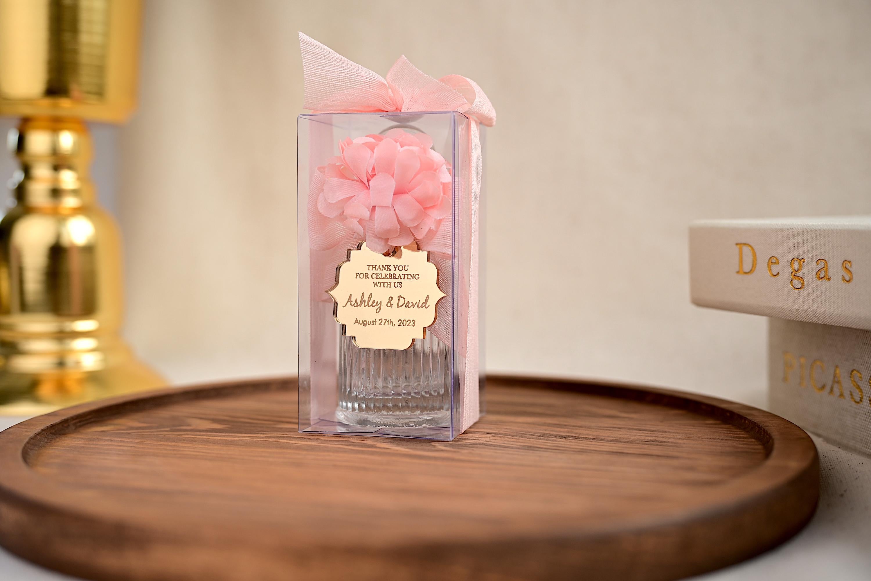 Custom Engraved Keepsake Set Religious Symbol Collection Holy Water Bottle Package Clear Glass Container Multiple Ribbon Colors Fabric Flower Options Beautiful Personalized Tag Design Special Memory Gift Celebration Storage Collection