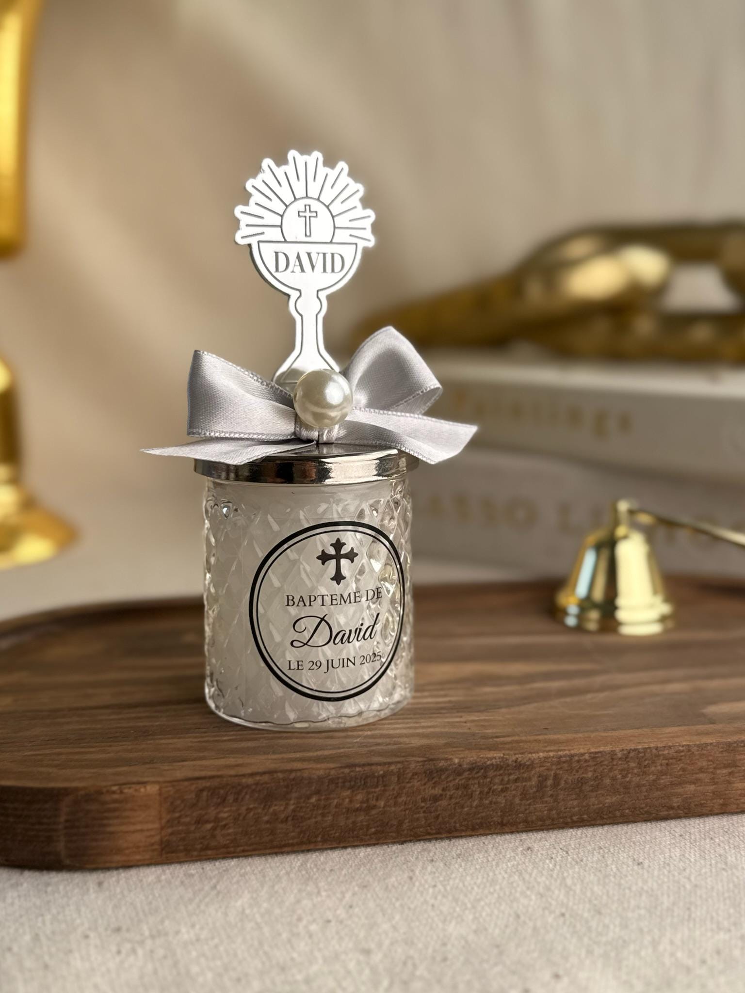 Custom Christening Gift Personalized Candle Holder Mirror Lid Design Religious Ceremony Favor Glass Container Metal Accent Pearl Detail White Satin Bow Custom Engraving Options Multiple Sticker Designs Premium Gift Box Elegant Style
