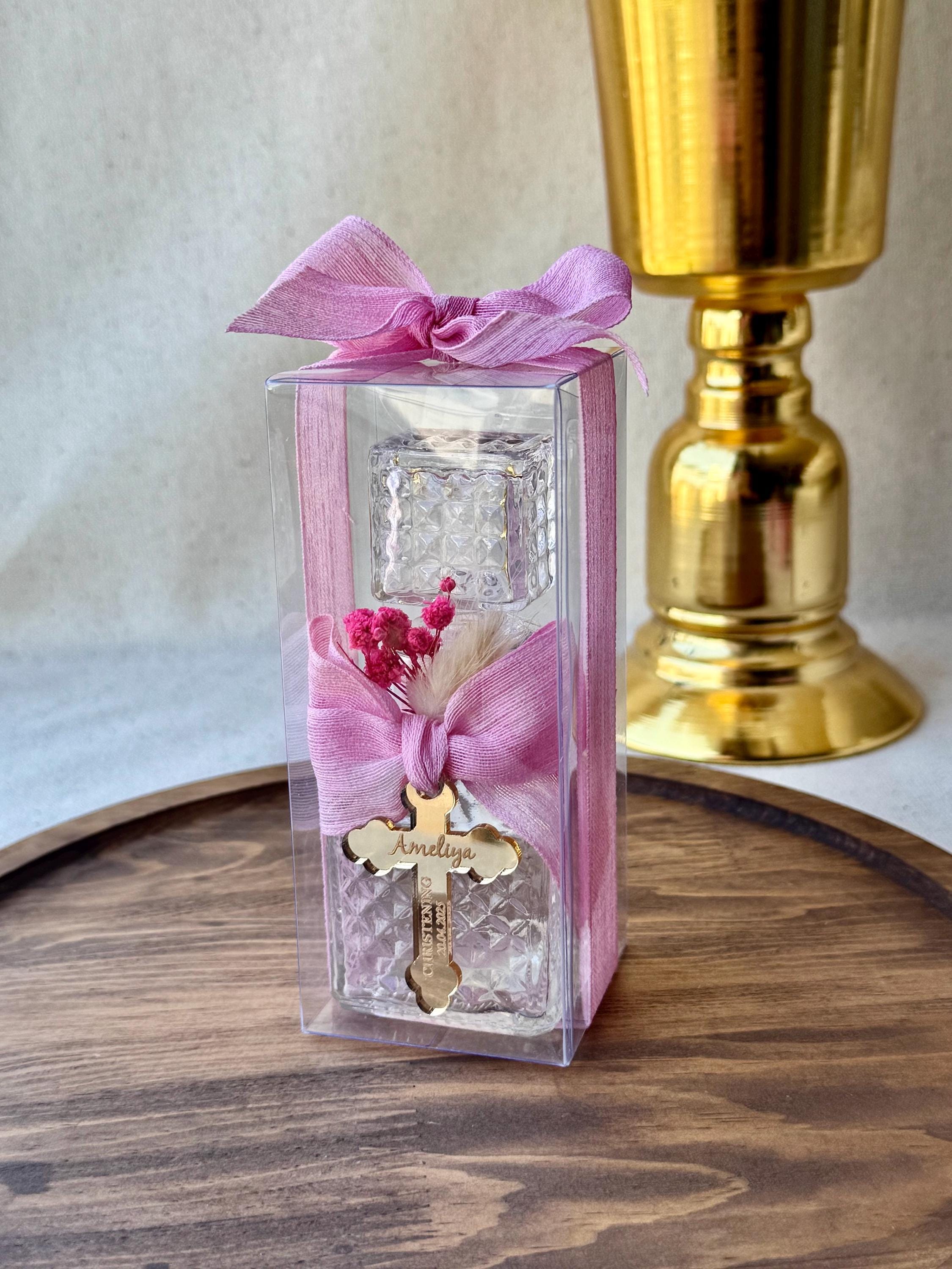 Pink Baptism Favor Glass Bottle Religious Keepsake First Communion Gift for Girls Custom Holy Design with Baby&#39;s Breath Dried Flowers Multiple Charm Options Available Silver Gold Finish Beautiful Table Display Sacred Memory Collection