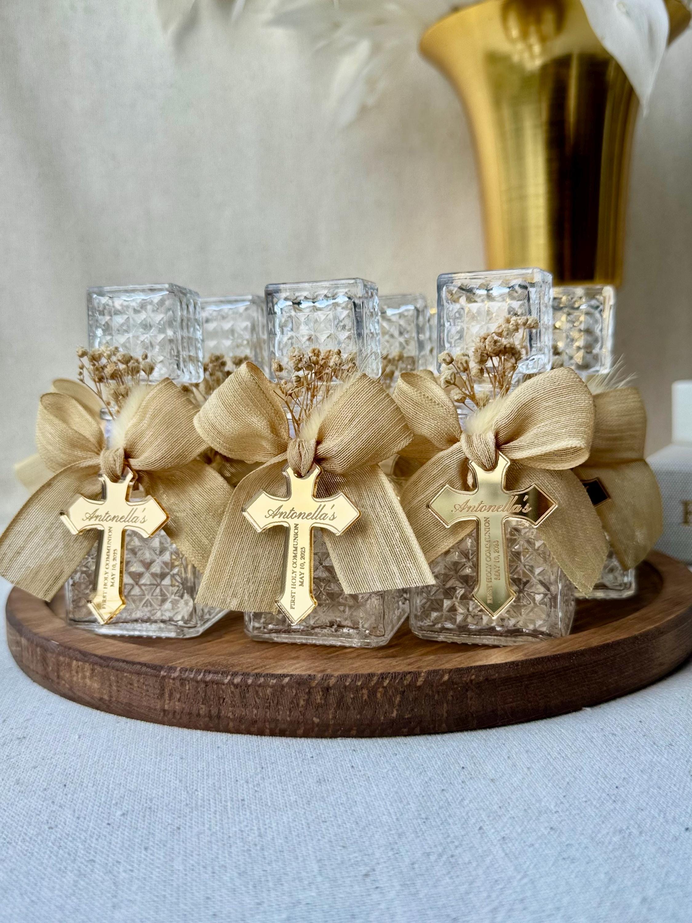 Baptism Bottle Favor Glass Bottle Religious Keepsake Communion Gift First Communion Favors Cross Charm Bottle Decoration Mini Size Burlap