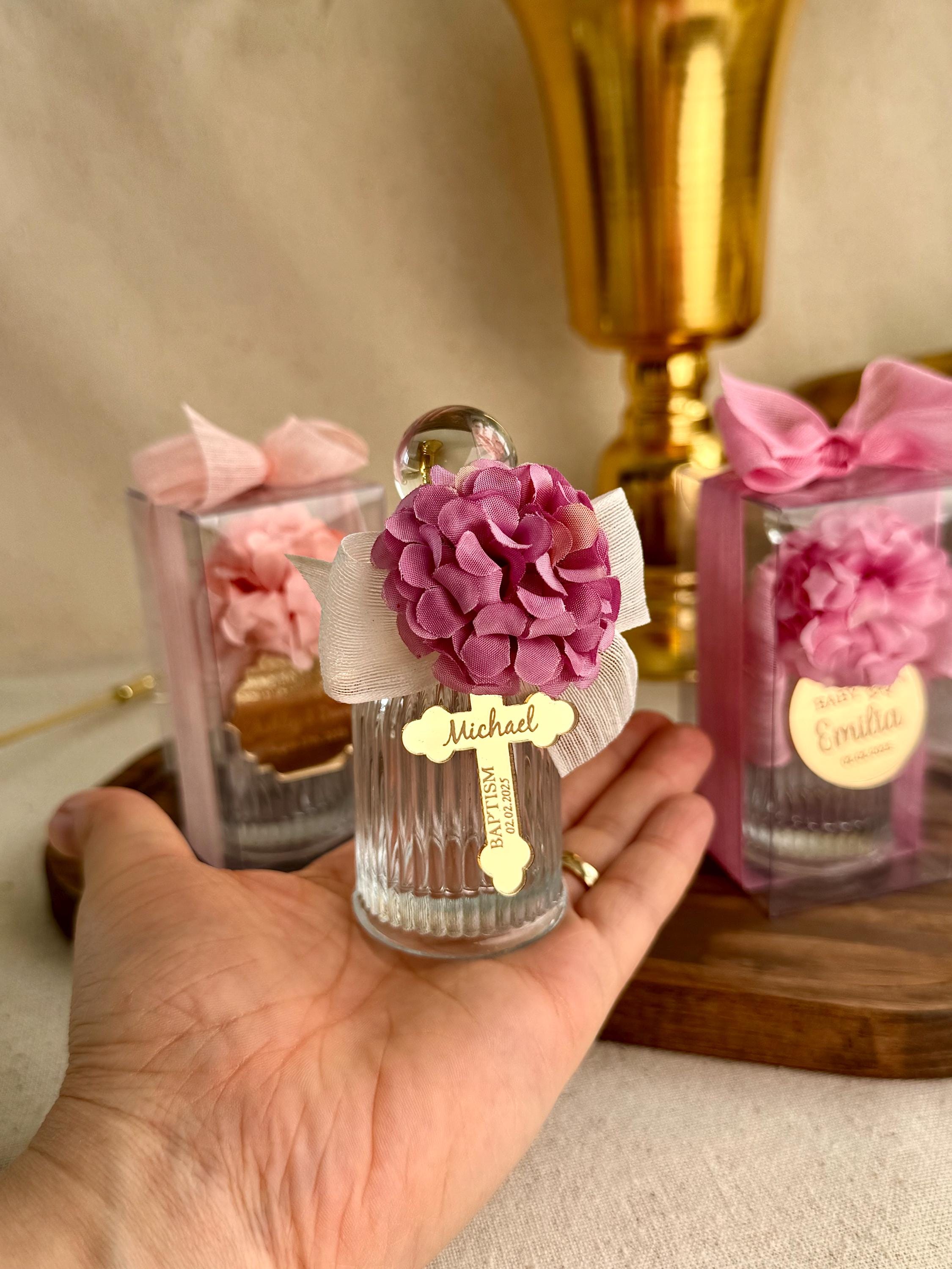 Personalized Gift Set Holy Water Bottle Collection Custom Engraved Tag Religious Symbol Design Clear Glass Container Multiple Ribbon Colors Beautiful Keepsake Package Special Celebration Gift Memory Collection Storage Solution