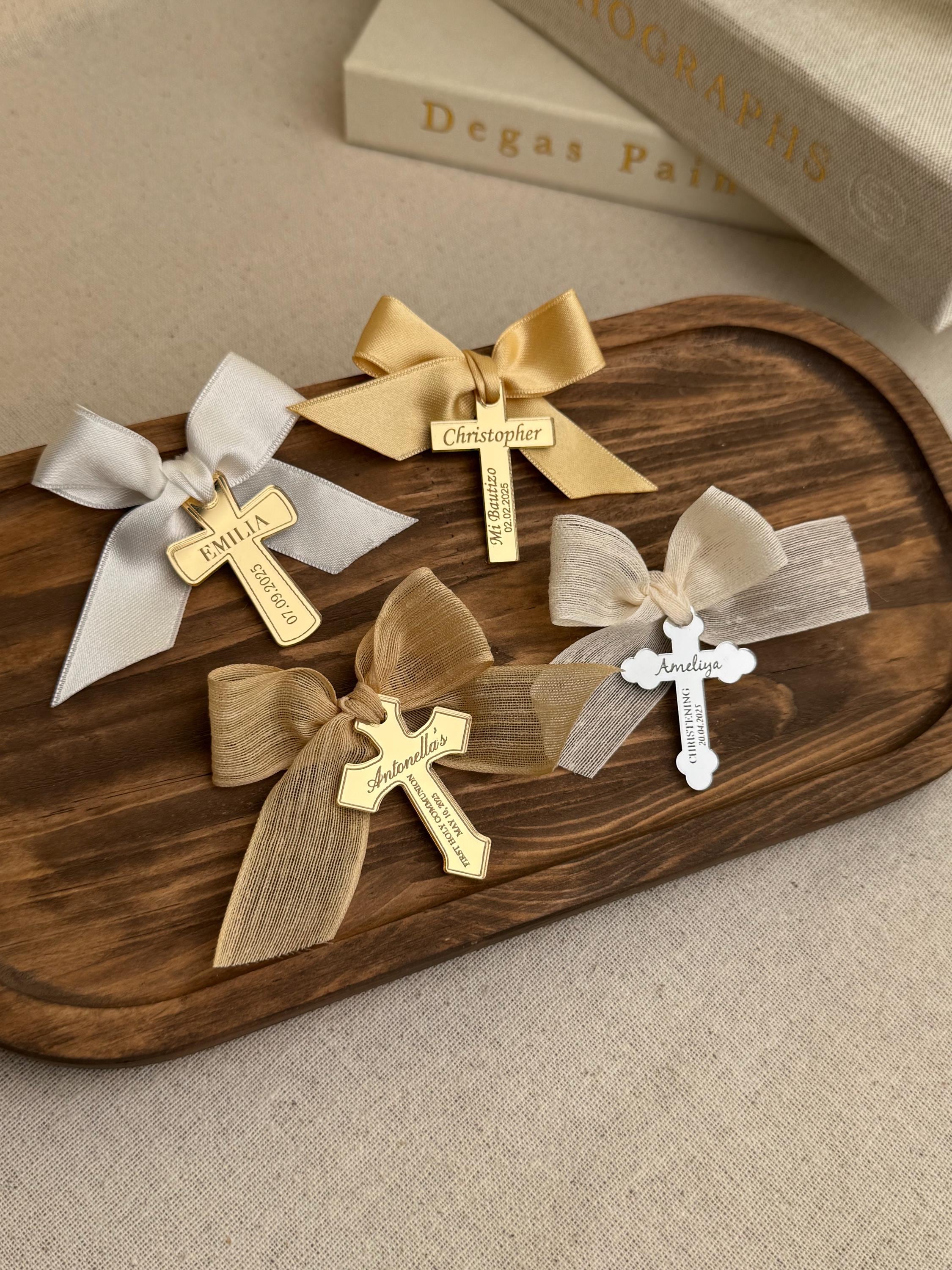 Personalized Religious Tag Custom Mirror Finish Acrylic Charm Elegant Design Special Celebration Keepsake Gold Silver Options Customizable Text Ribbon Choice Premium Quality Construction Beautiful Symbolic Details Perfect Ceremony Gift
