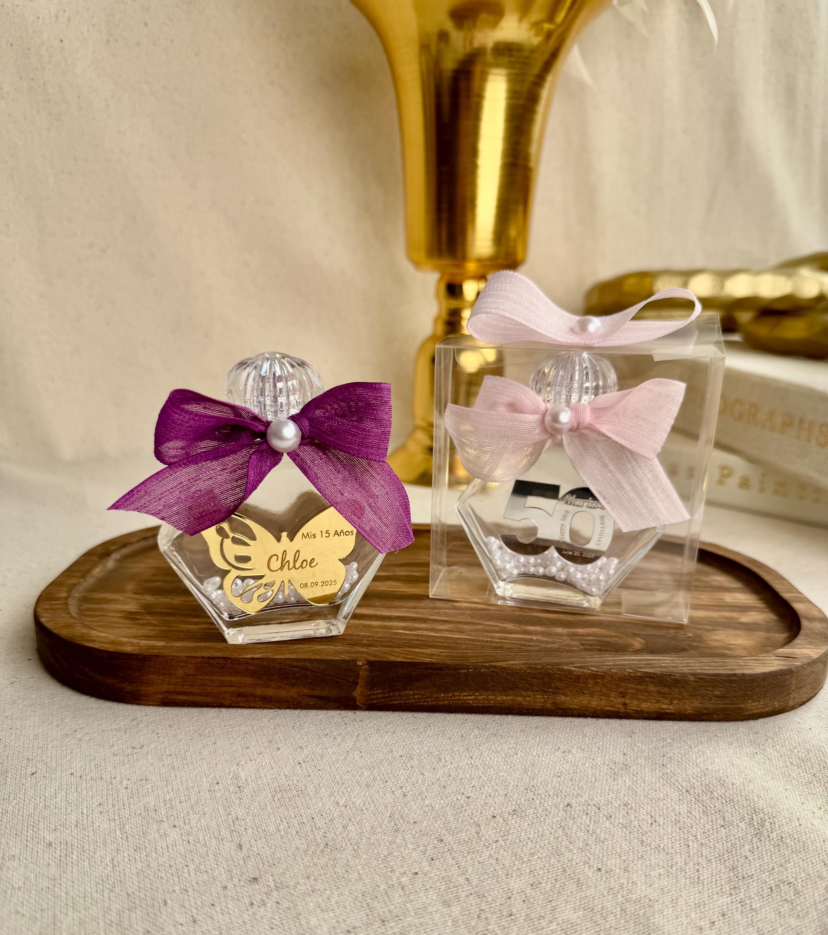 Personalized Glass Favor Jar Custom Name Tag Design Quinceañera Party Gift Special Celebration Keepsake Pearl Accent Display Elegant Hexagonal Container Premium Quality Construction Beautiful Mirror Finish Sweet Sixteen Birthday Present