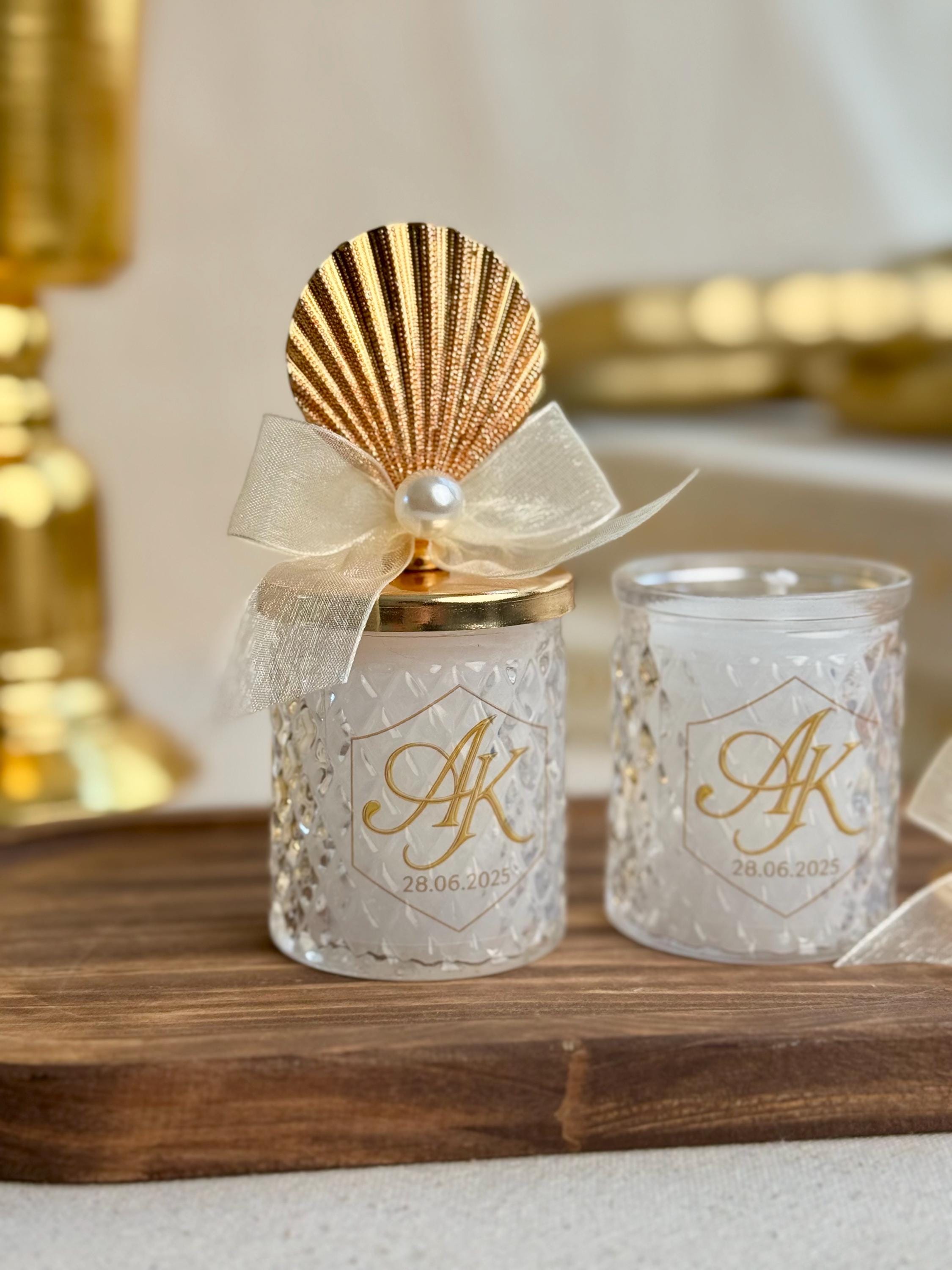 Personalized Jar Candle Wedding Favor Glass Container Pearl Accent Seashell Design Custom Monogram Details Luxury Wedding Gift Beautiful Table Setting Elegant Keepsake Collection Premium Quality Construction Handmade Style Perfect