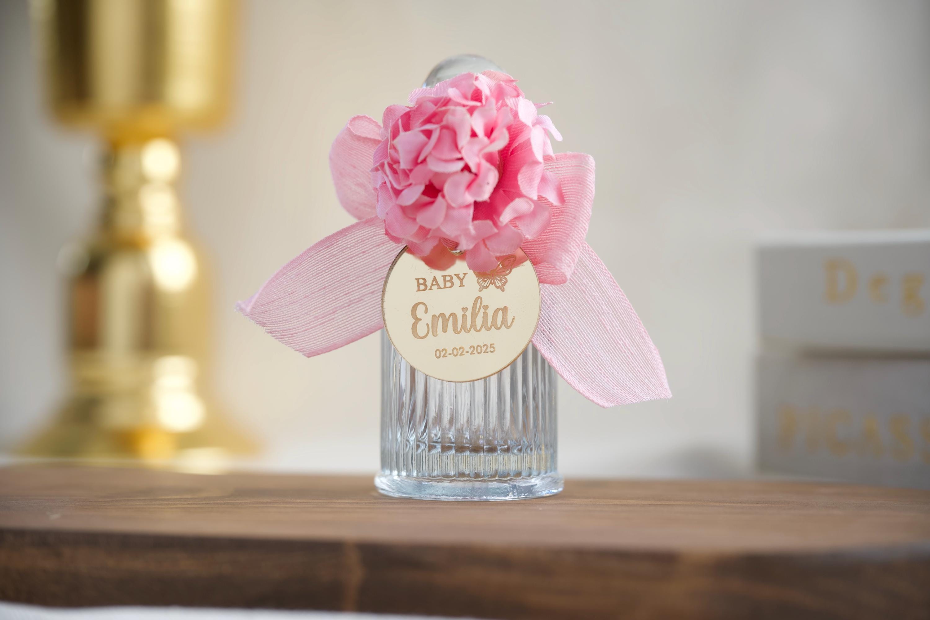 Christening Baptism Holy Communion Baby Shower Sweet 16 Quencinieara Favors Set - Personalized Favor Box with Custom Name TagHoly Water Glass BottleFabric FlowerElegant Ribbon and Mirror Finish Tag for Religious Ceremony Gift
