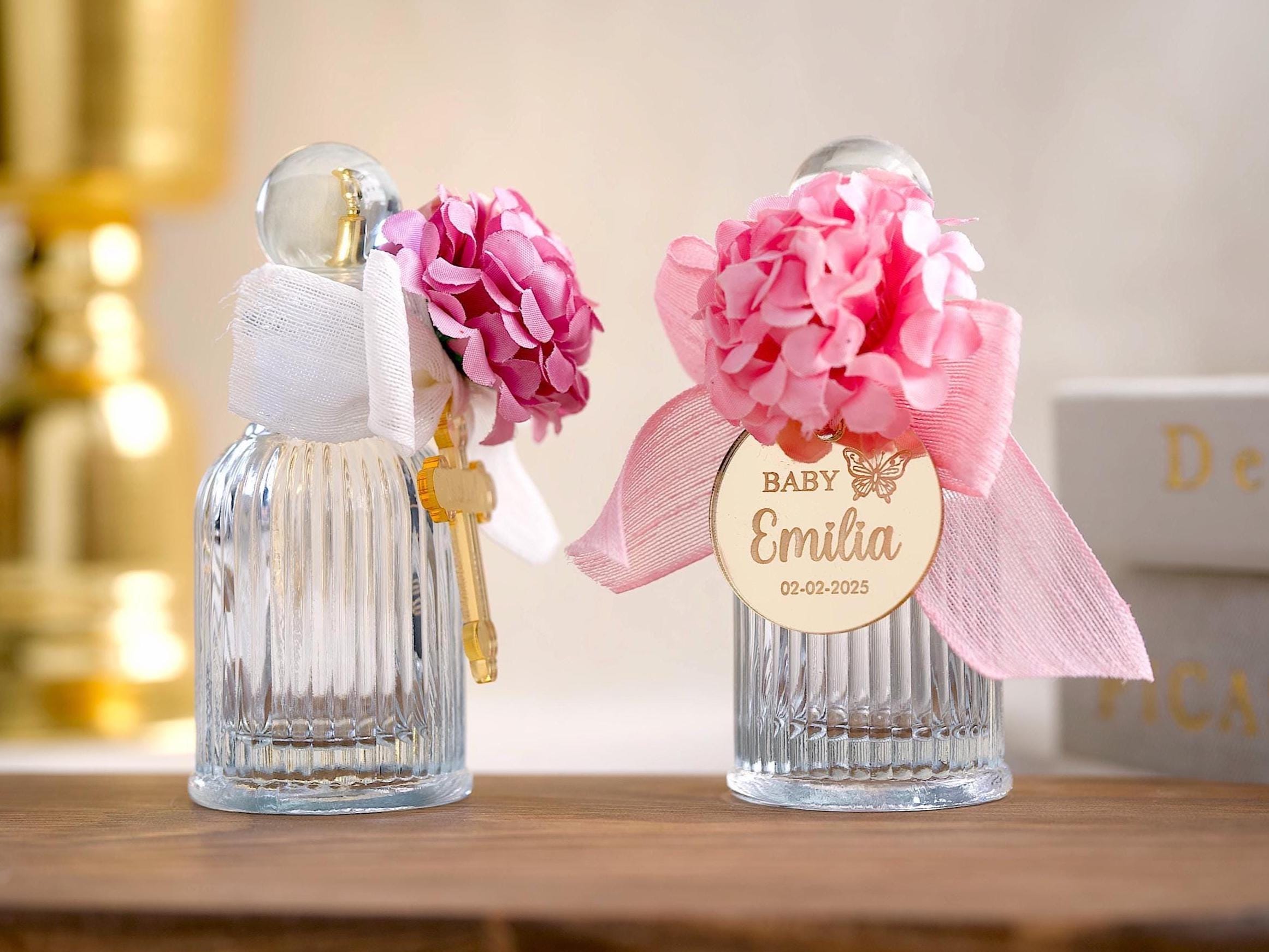 Christening Baptism Holy Communion Baby Shower Sweet 16 Quencinieara Favors: Clear Display Case with Glass Holy Water BottlePersonalized Mirror Name TagCustom Engraved DesignFabric Flower AccentBeautiful Ribbon Bow OptionsMultiple Color