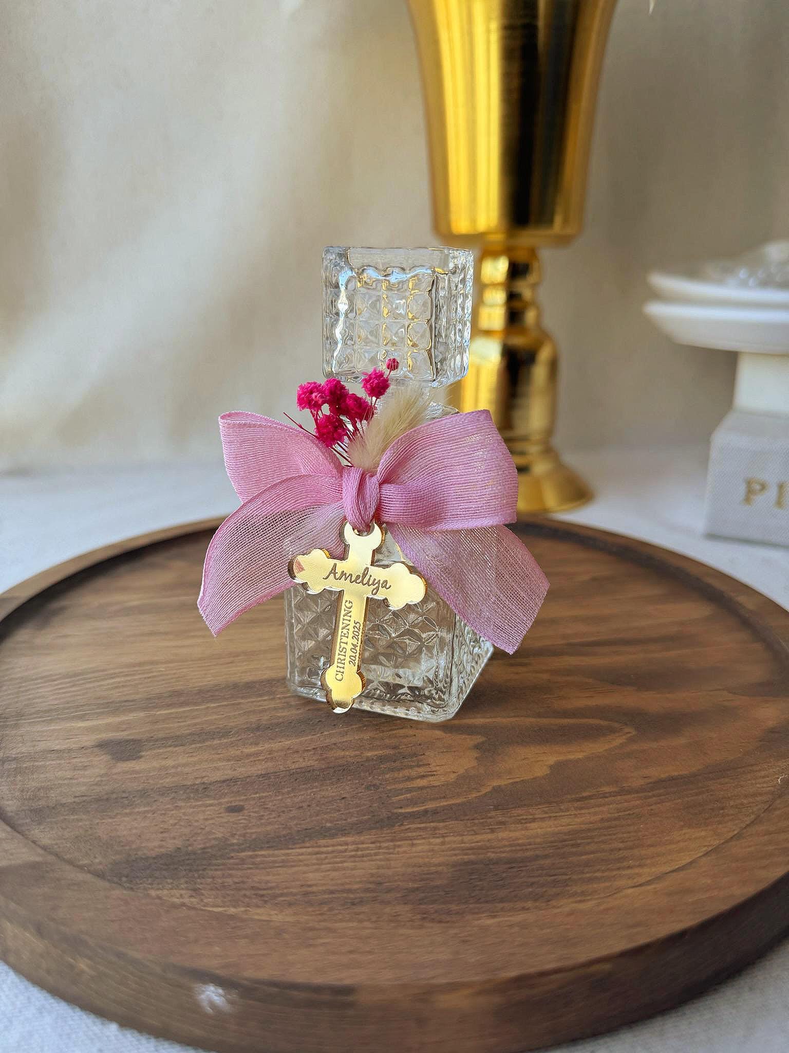 Pink Girls Baptism Favor Gift Glass Bottle Charm Decoration Holy Keepsake First Communion Gift Occasion Blessed Special
