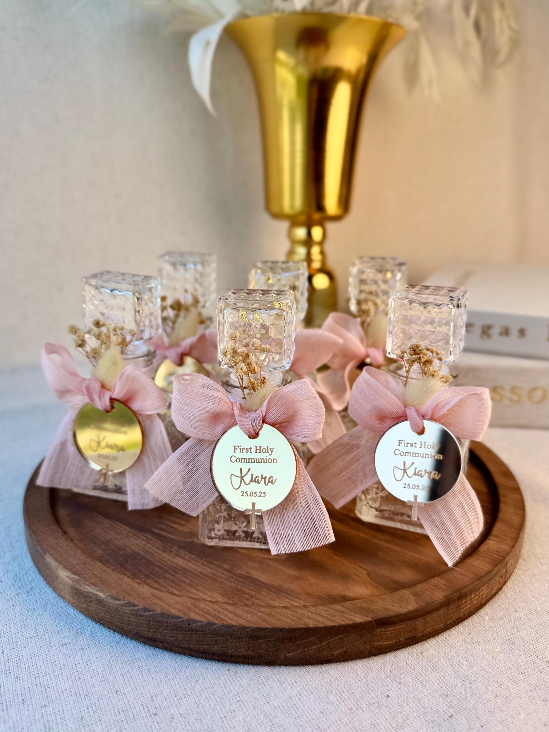Pink Sacred Vessel Collection Holy Water Storage Bottle Premium Glass Construction Crystal Stopper Design Religious Gift Package Custom Label Options Prayer Card Set Blessing Certificate Included Baptism Present Special Occasion Keepsake